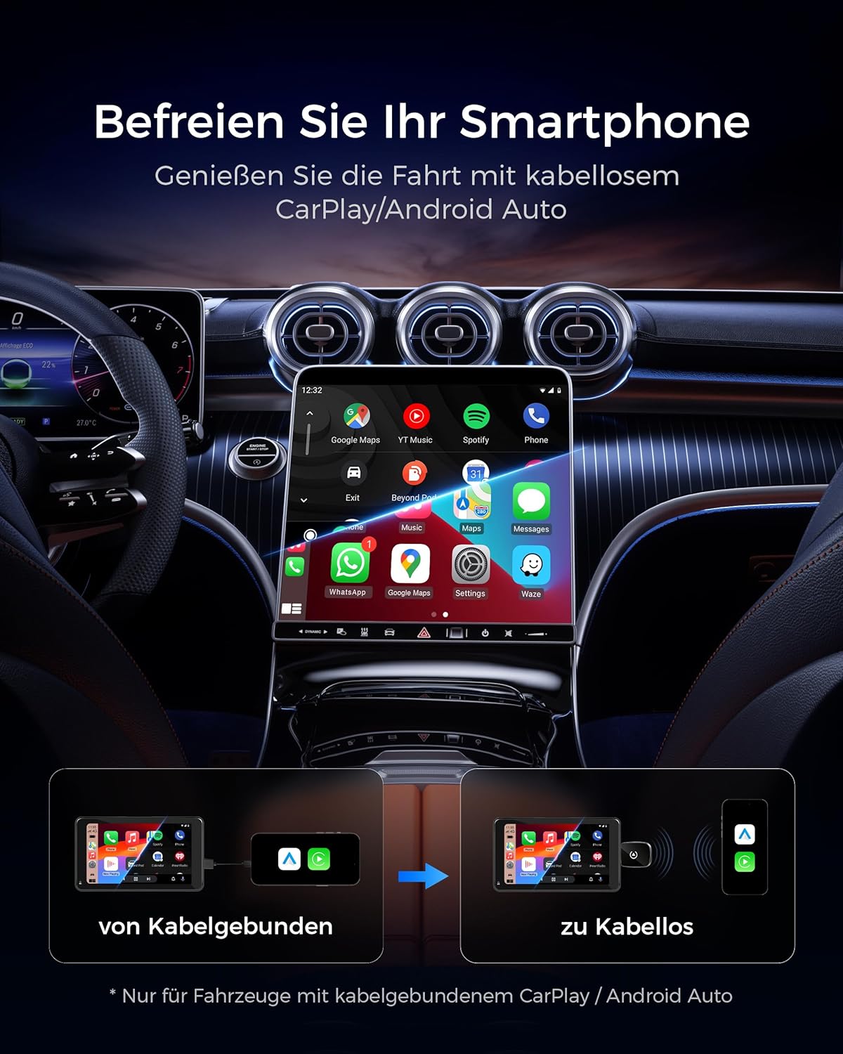 Detalle de WityEye CarPlay & Android Auto Wireless Adapter 2-in-1 (V5.3) – stabile Verbindung, Dualband-WiFi 6