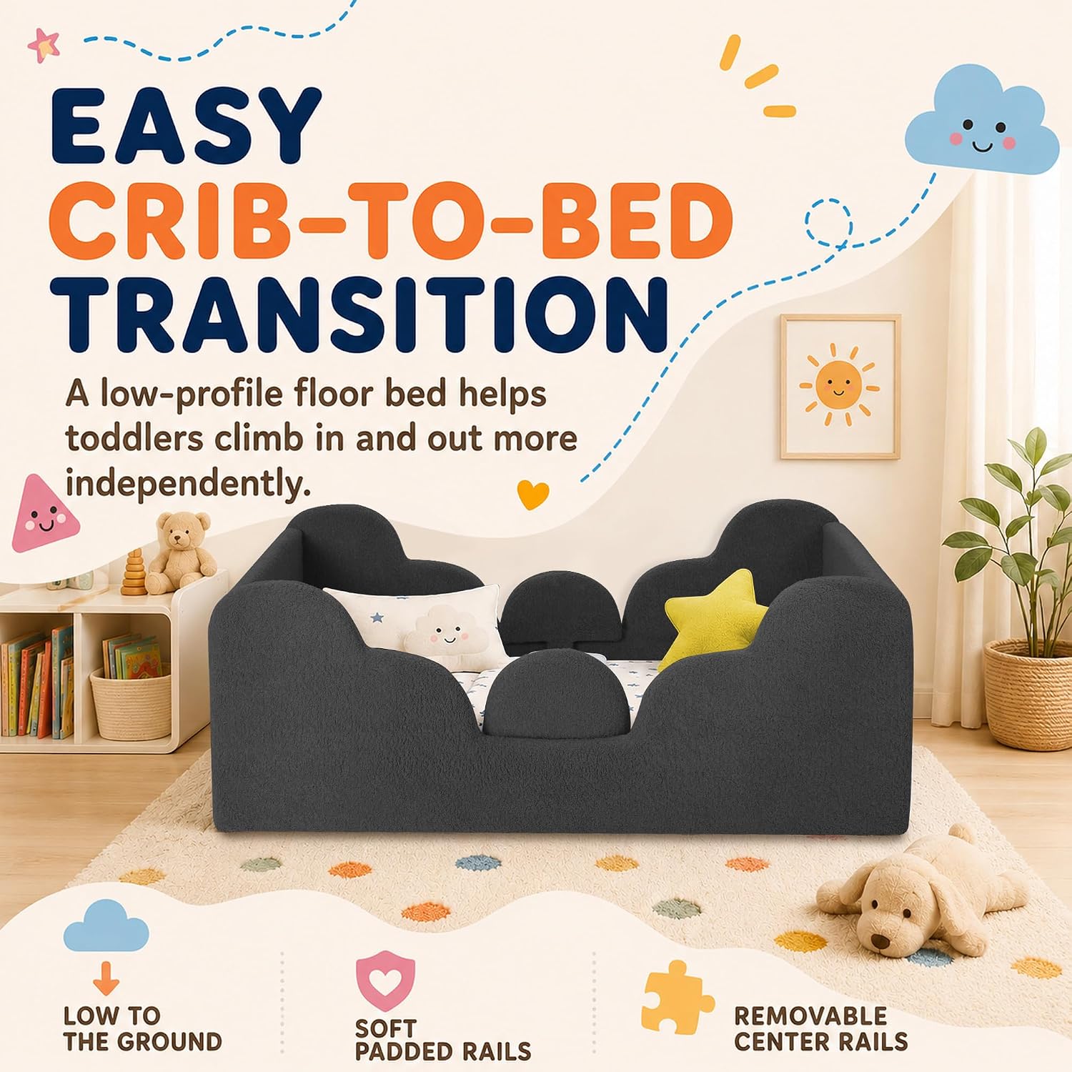 Detalle 2 de Ancelny Toddler Girl Floor Bed, Montessori Upholstered Bed with Removable Rails