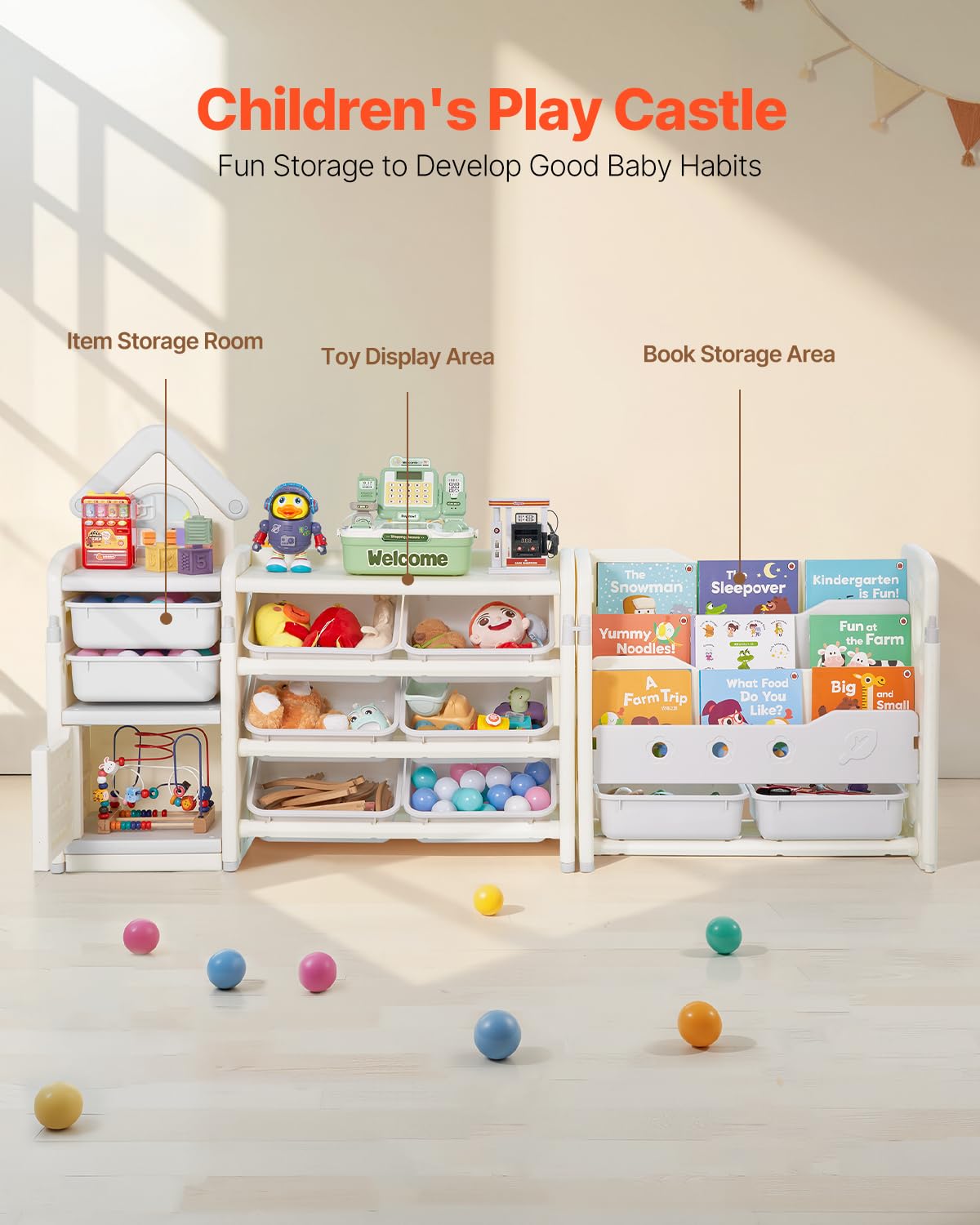 Thumbnail 3 de VEVOR Meuble de Rangement Jouets Enfant à 4 Niveaux avec Bibliothèque et 10 bacs amovibles – Gris et Beige