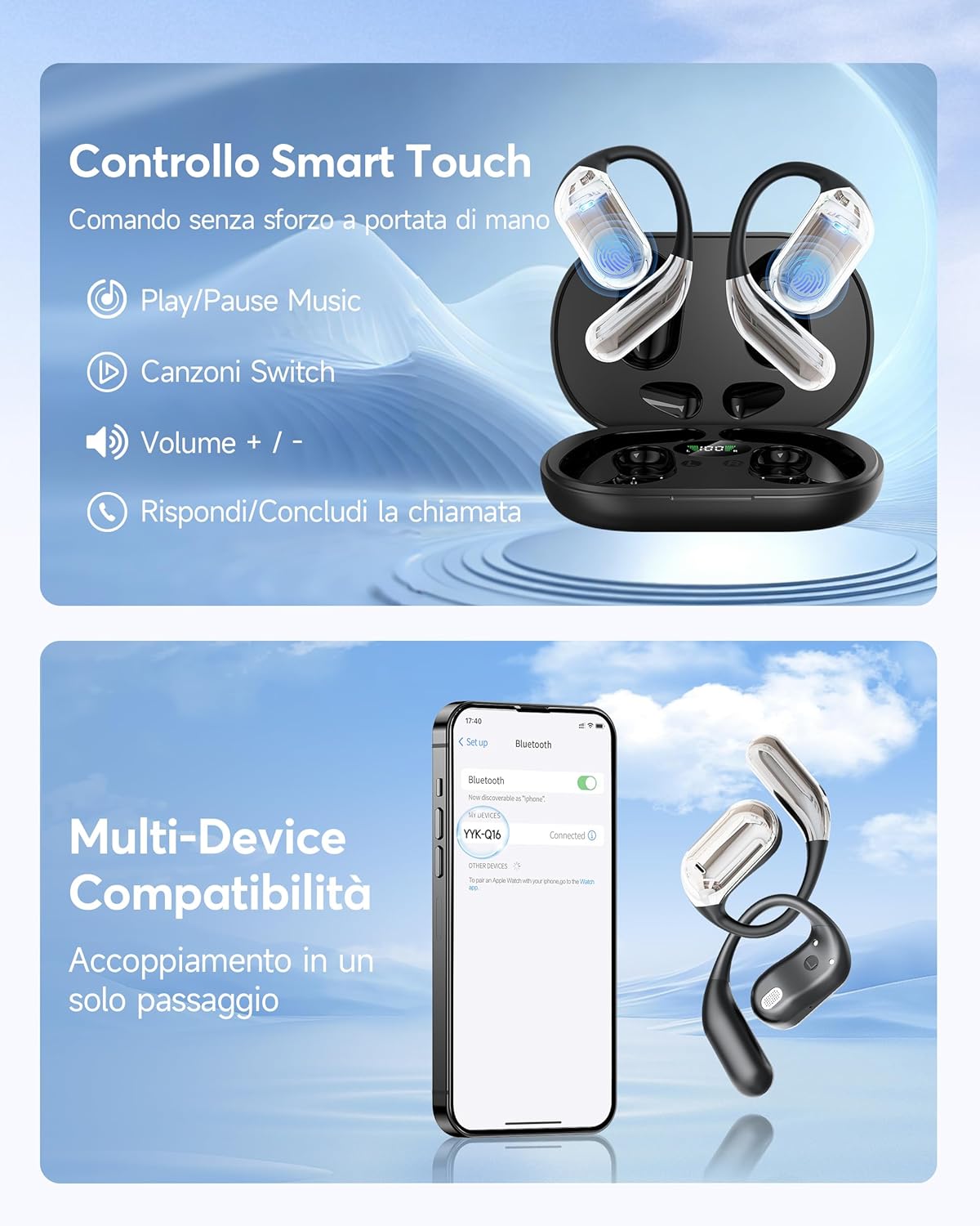 Thumbnail 6 de Cuffie Bluetooth Auricolari Bluetooth 5.4 Open Ear - Sport, 50 Ore di Riproduzione, IP7, Open Ear Perfette per iOS & Android