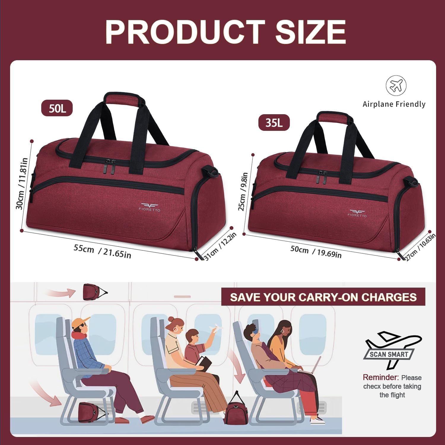 Detalle de FIORETTO 50L Sporttasche & Reisetasche mit Schuhfach und Nassfach – wasserdicht, 50 x 30 x 31 cm