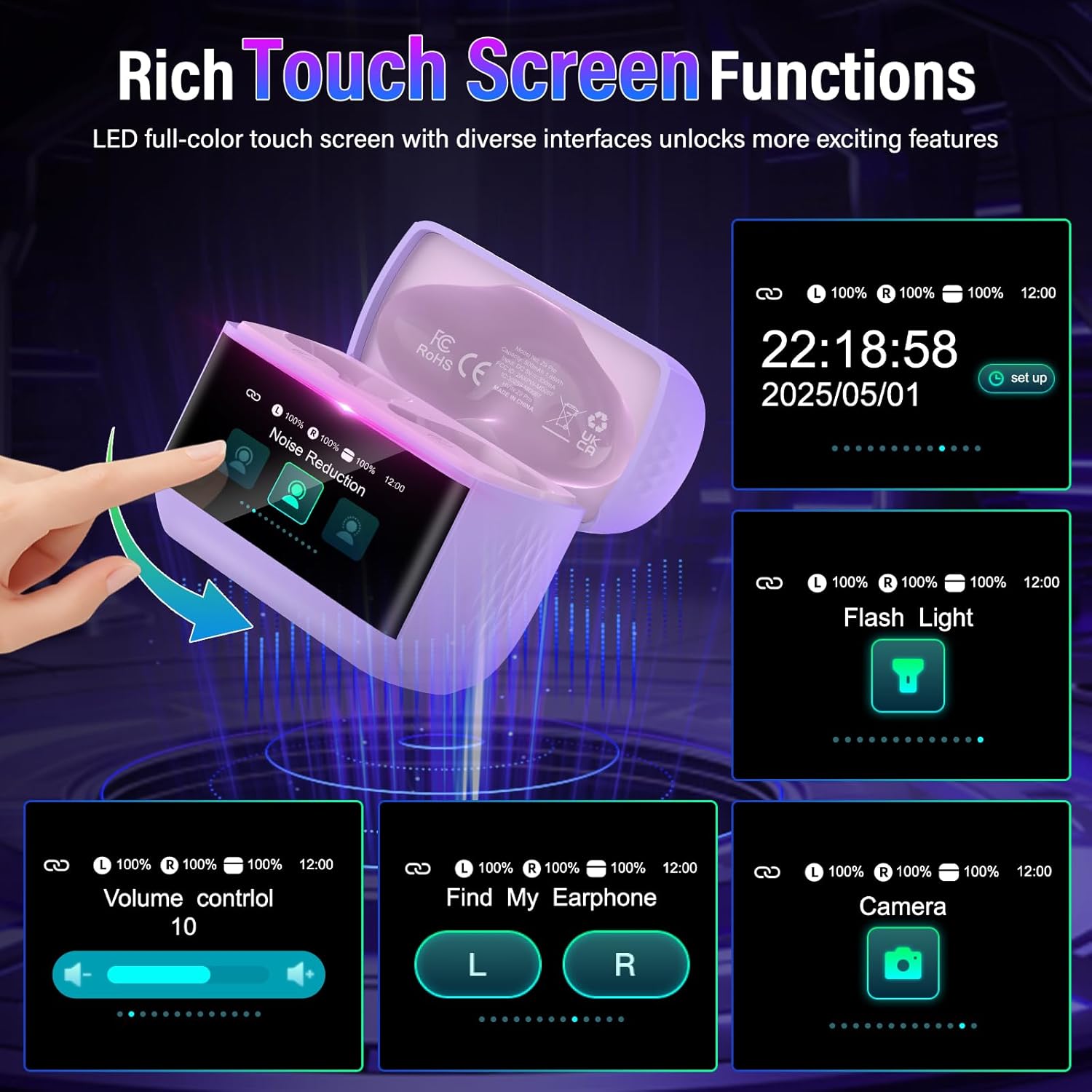 Thumbnail 3 de ZYHKON Z9 Pro: Bluetooth-Kopfhörer mit Touchscreen, ANC/ENC, IP7, 5 EQ-Modi und USB-C in Lila