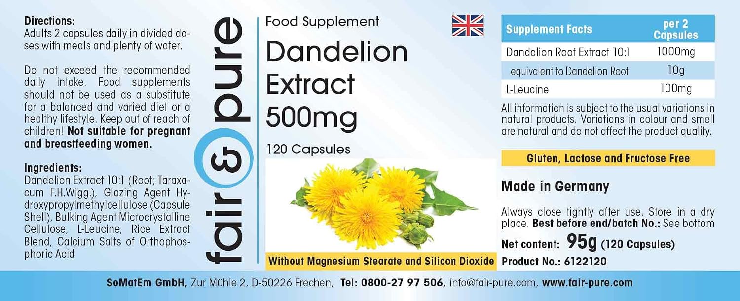 Detalle de Fair & Pure Löwenzahn Extrakt 500mg – 120 Kapseln, hochdosiert 10:1, vegan, made in Deutschland