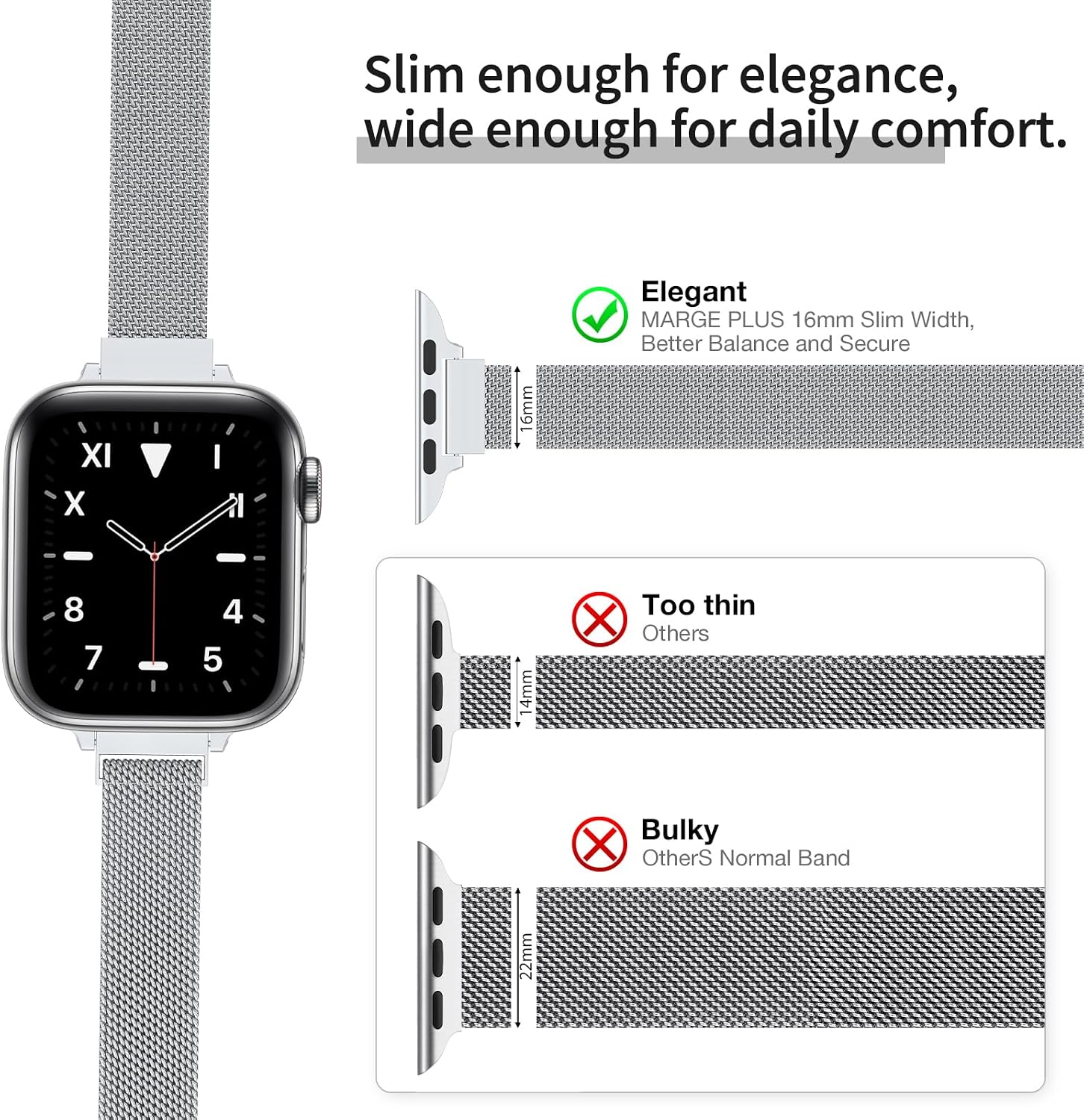 Detalle de MARGE PLUS Slim Milanese Loop for Apple Watch – Stainless Steel Magnetic Mesh Band (40–46mm) for Women