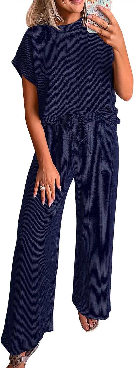 Detalle de KIRUNDO 2 Piece Sets for Women: Dressy Casual Ribbed Knit Short Sleeve Tops & Wide Leg Pants Lounge Set