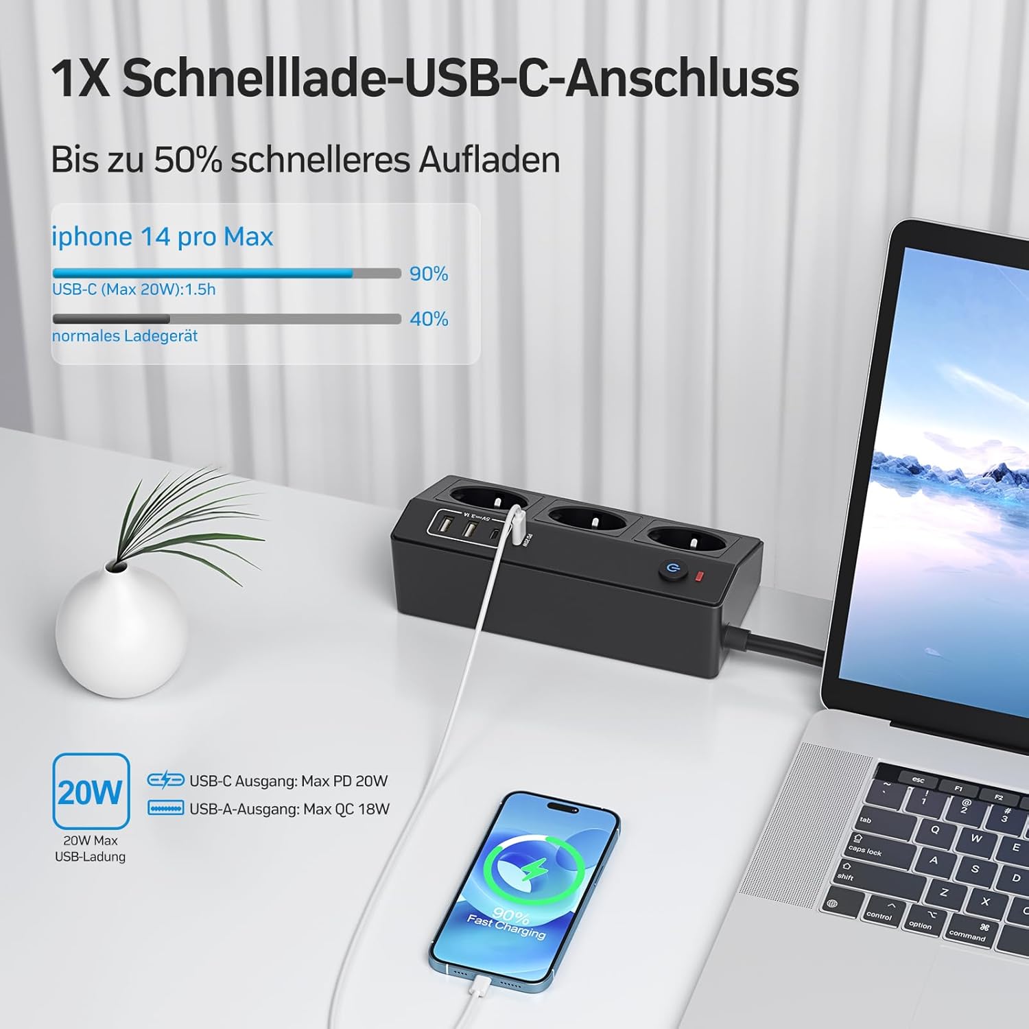 Detalle de STGAROT Tischsteckdose mit USB-C PD 20W – 3-fach Mehrfachsteckdose mit USB und Klemmvorrichtung