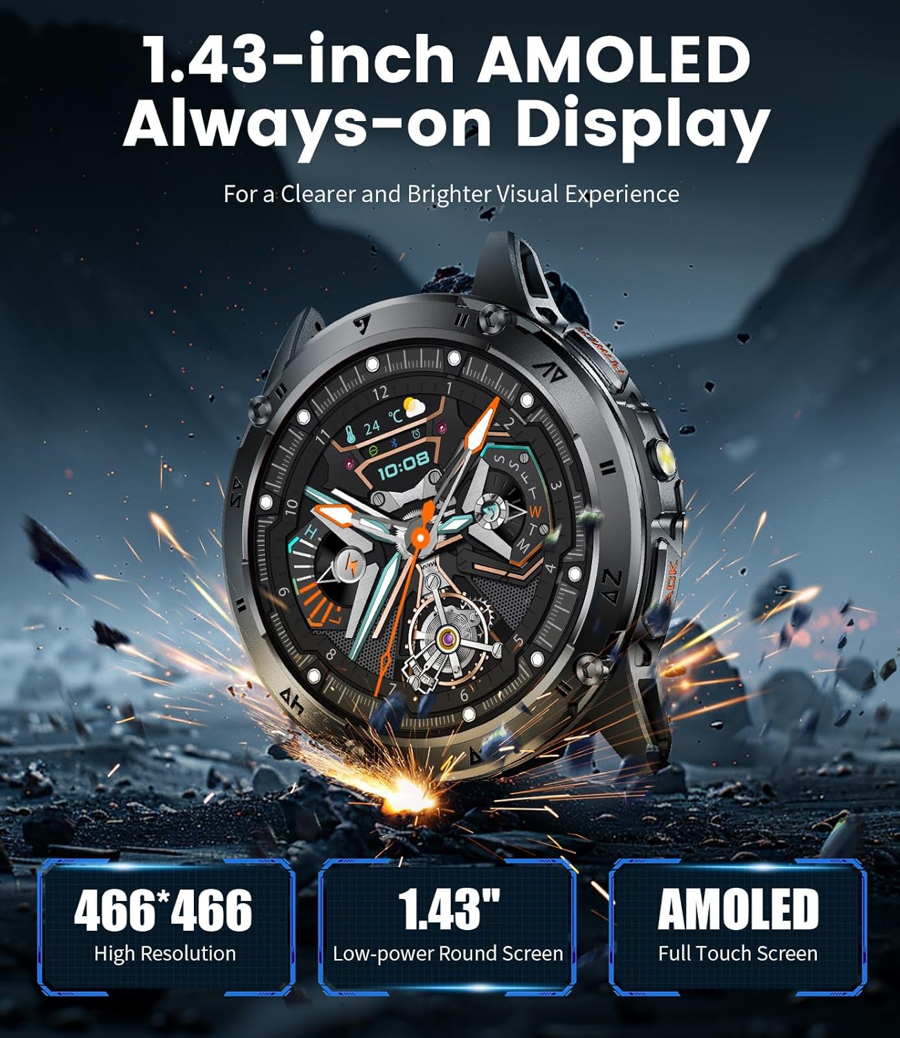 Thumbnail 4 de CHOOSETIME Montre Connectée Homme - Écran AMOLED 1,43", Appels Bluetooth, 110+ Modes Sportifs, Lampe Torche et Suivi Santé IP68