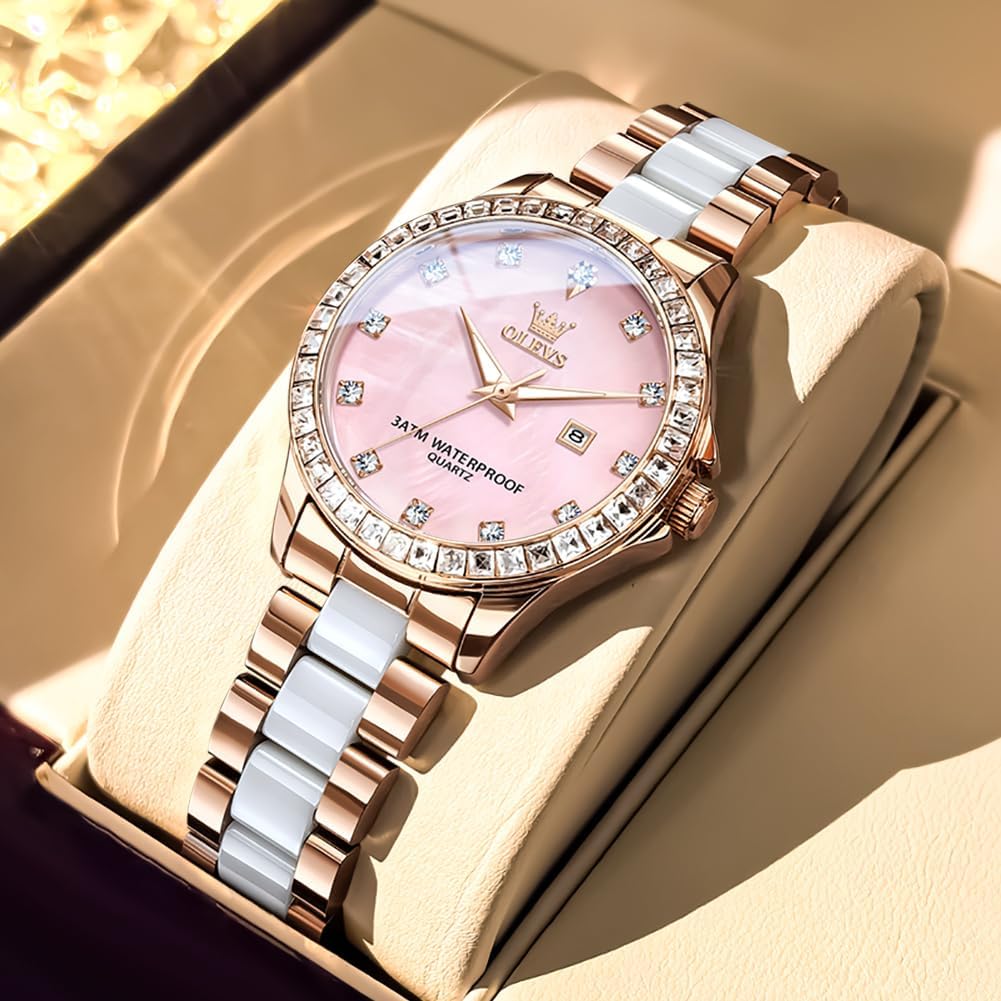 Thumbnail 4 de OLEVS Damen-Diamantuhr Elegante Luxus-Armbanduhr mit Roségoldkäfig und Keramikglas