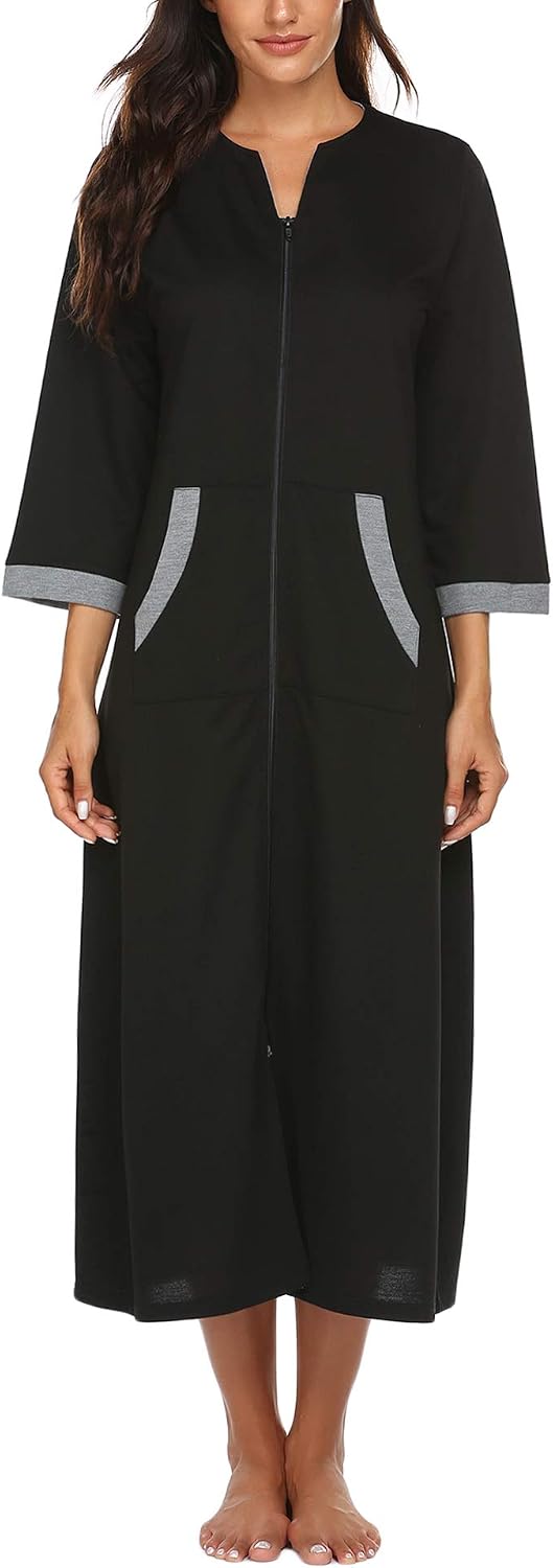 Detalle de Ekouaer Women's Full-Length Zip-Front Robe with 3/4 Sleeves and Pockets