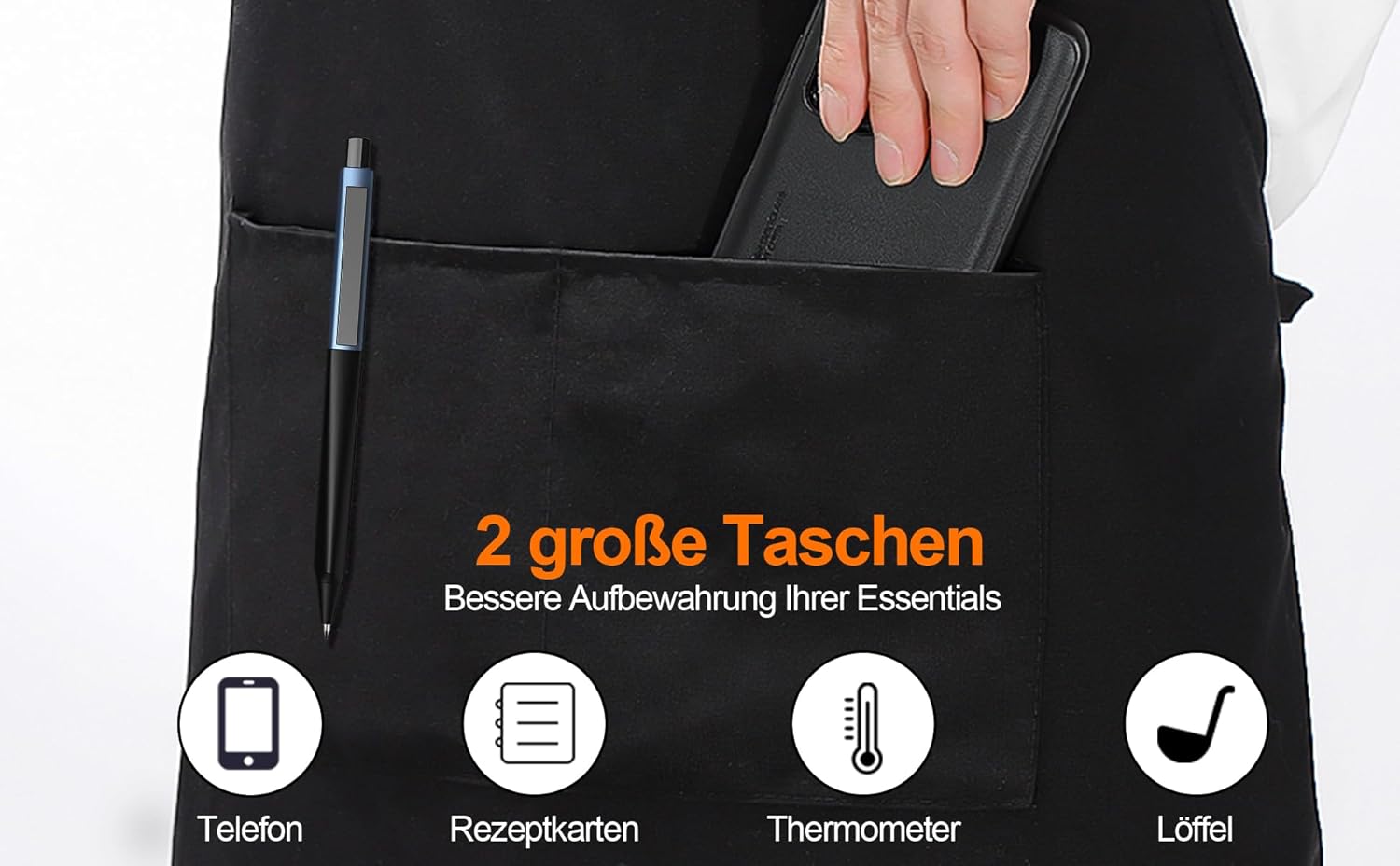 Thumbnail 1 de LEBEXY Kochschürze aus Baumwolle, einfarbig schwarz – mit zwei großen Taschen