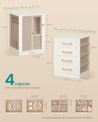 Thumbnail 4 de SONGMICS Caja de Joyería Giratoria 360°, Joyero con 4 Cajones, Organizador para Accesorios, Collares, Pulseras, Anillos y Pendientes, Idea de Regalo, Blanco Crema JBC211WD01
