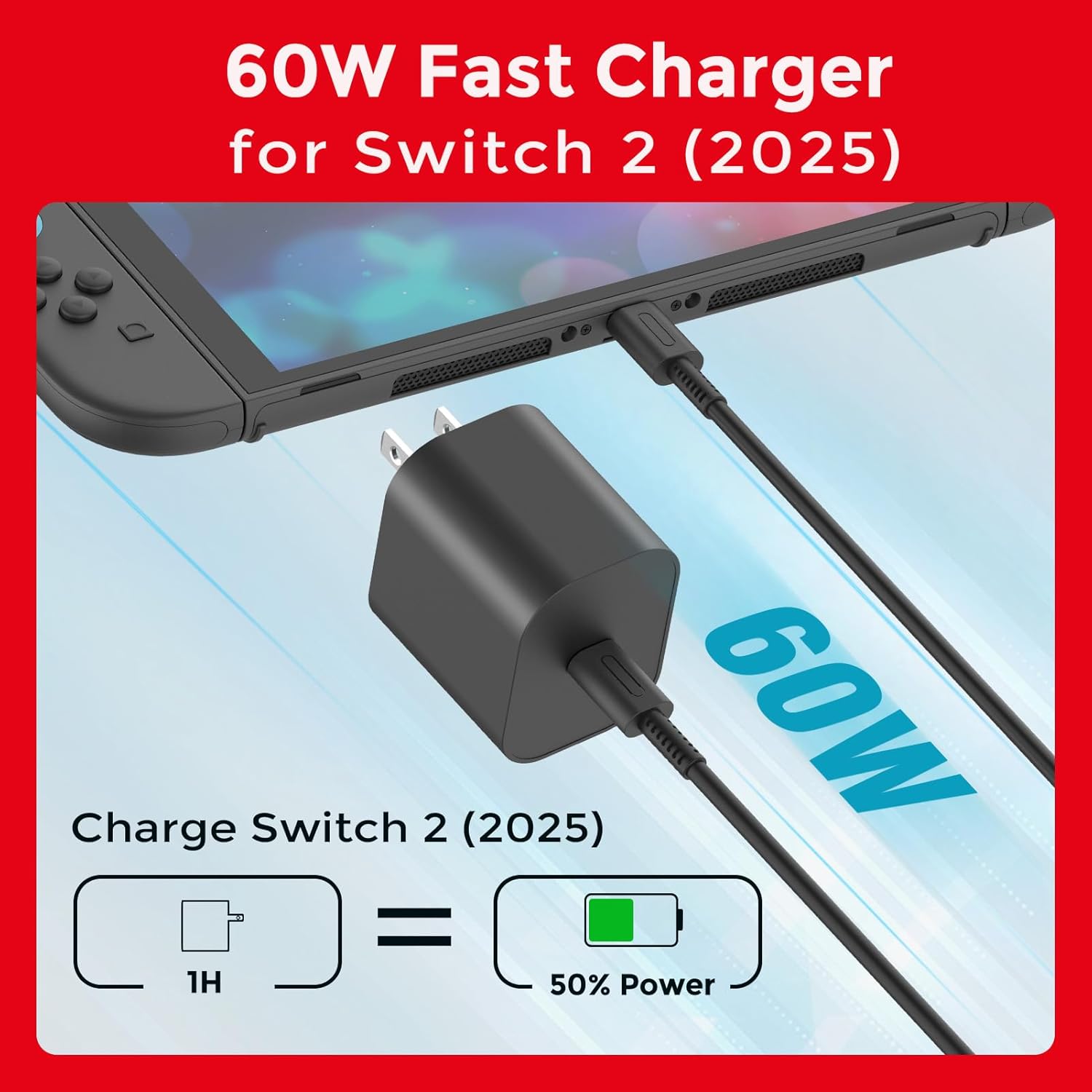 Thumbnail 1 de Charger for Nintendo Switch 2 60W AC Adapter with 10ft USB-C Cable