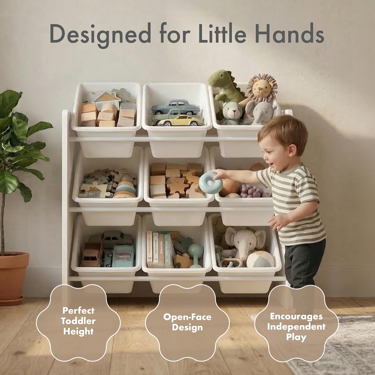 Thumbnail 1 de Humble Crew Wooden Toy Storage Organiser with 9 BPA-Free Bins (White) for Kids