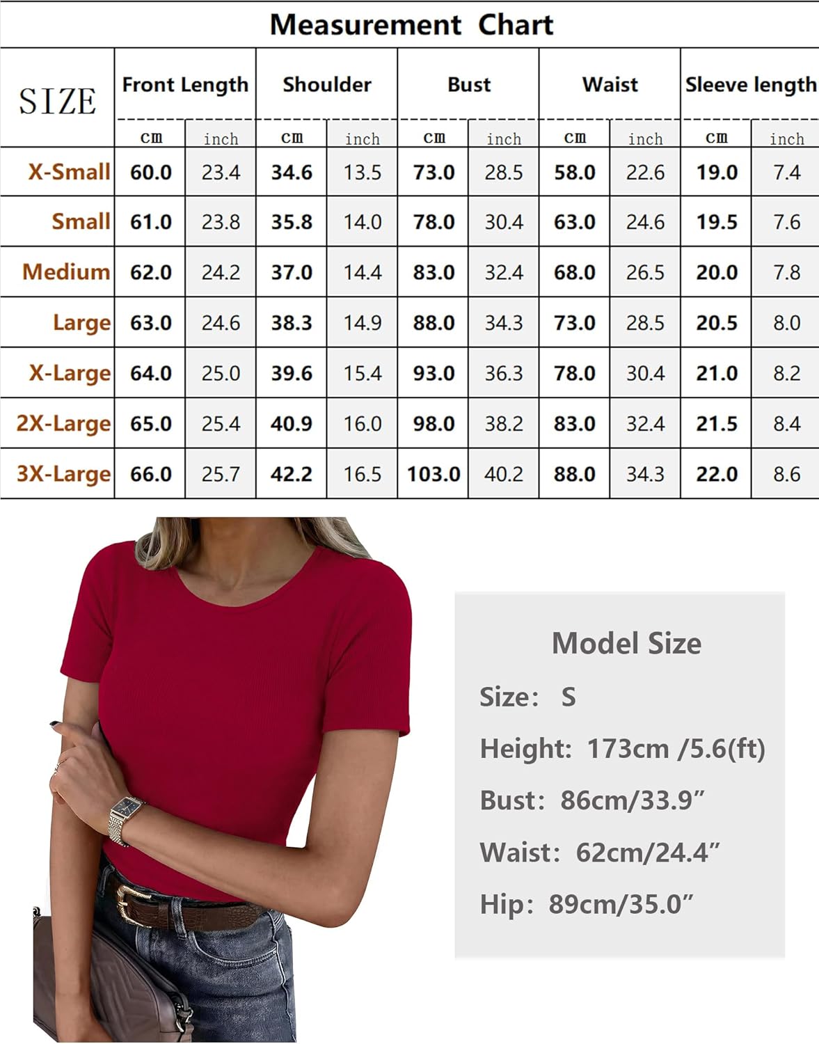 Detalle de Aottori Damen T-Shirt Rundhals Sommer – Slim Fit, Gerippt, Kurzarm