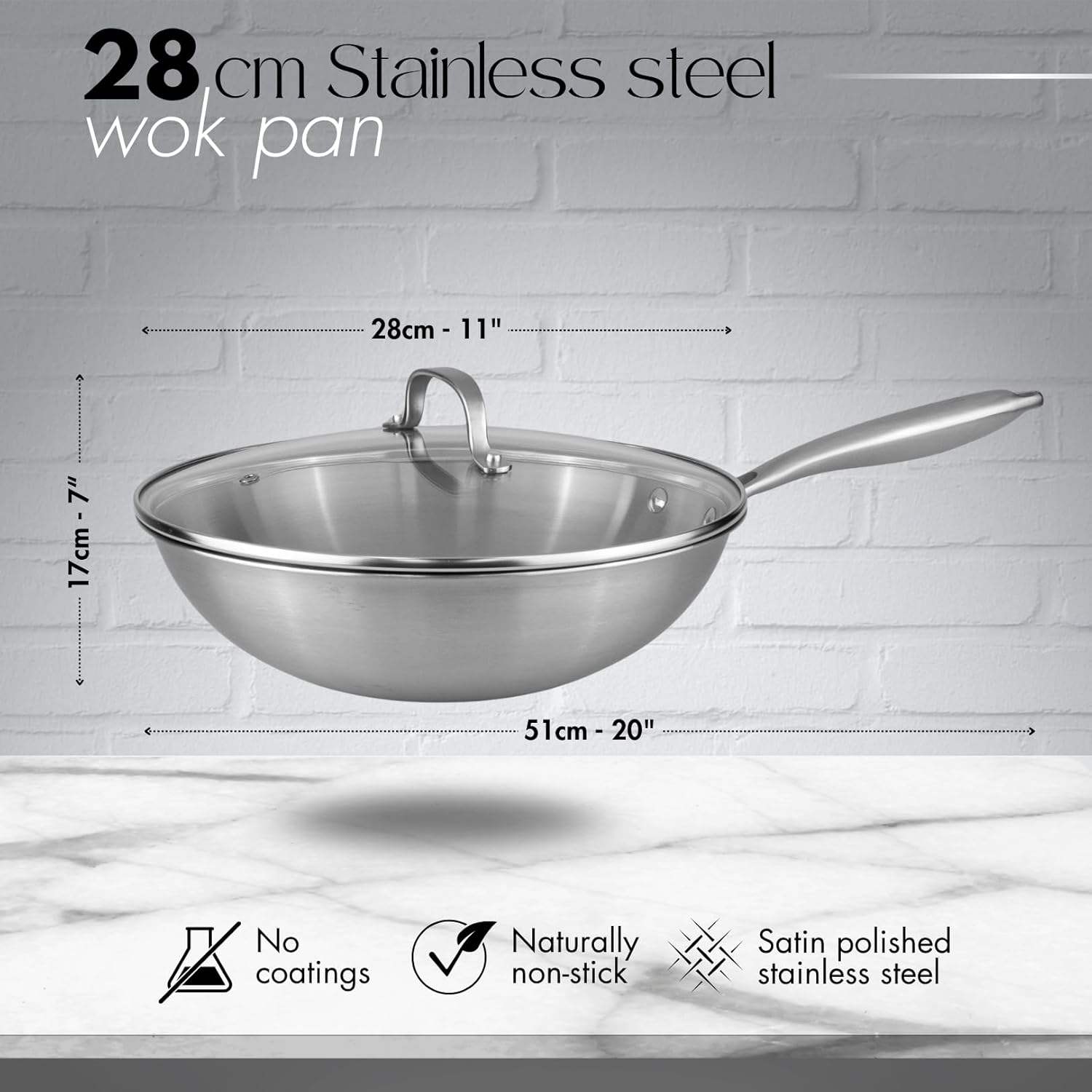 Thumbnail 1 de nuovva Stainless Steel Wok Non Stick – Induction Deep Stir Fry Pan, 28cm with Glass Lid