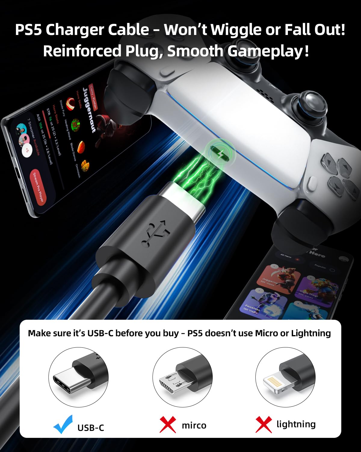 Detalle de Superer 2-Pack 3m USB-C Charging Cables for PS5/PlayStation 5 & More