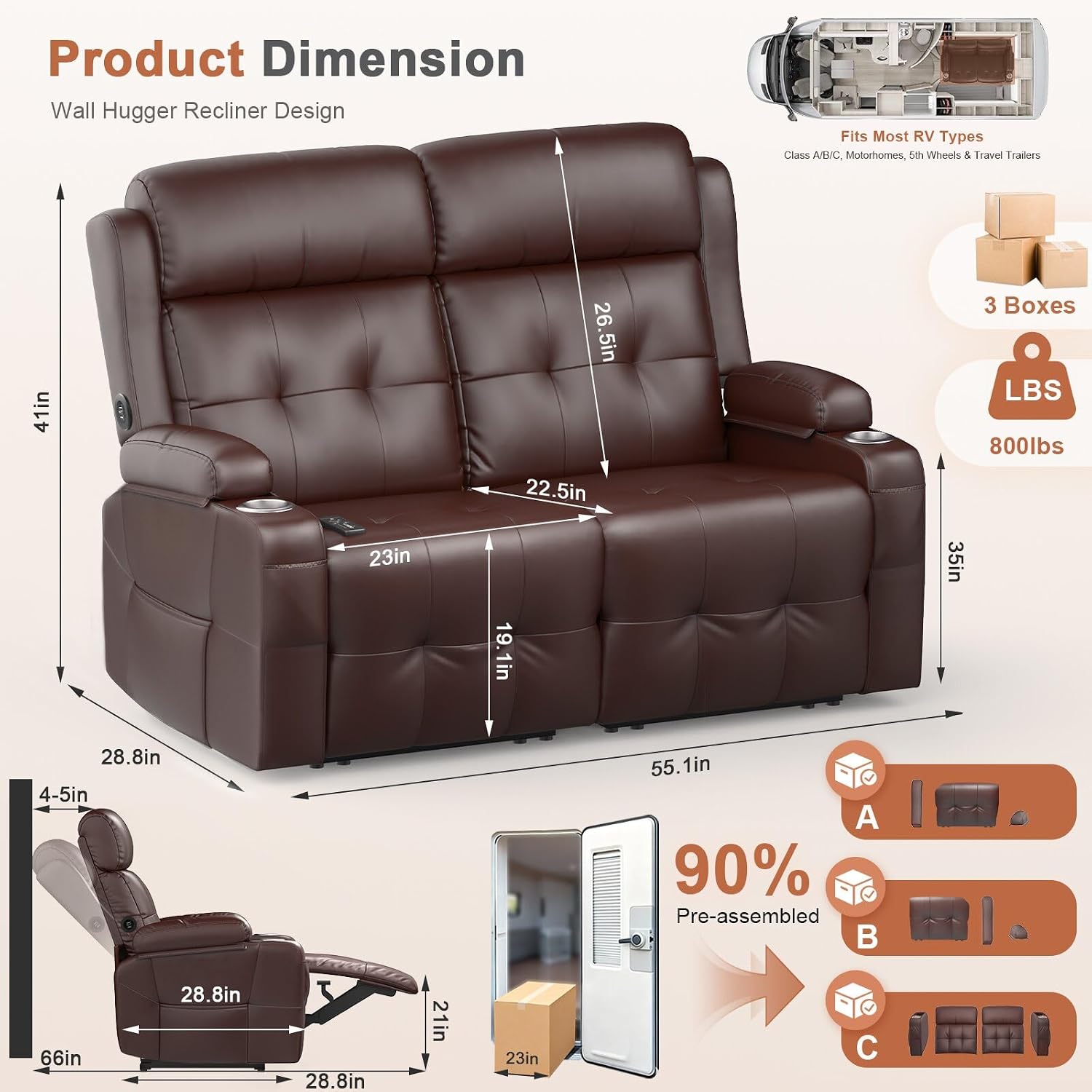 Detalle de Tiooii RV Reclining Loveseat in PU Leather