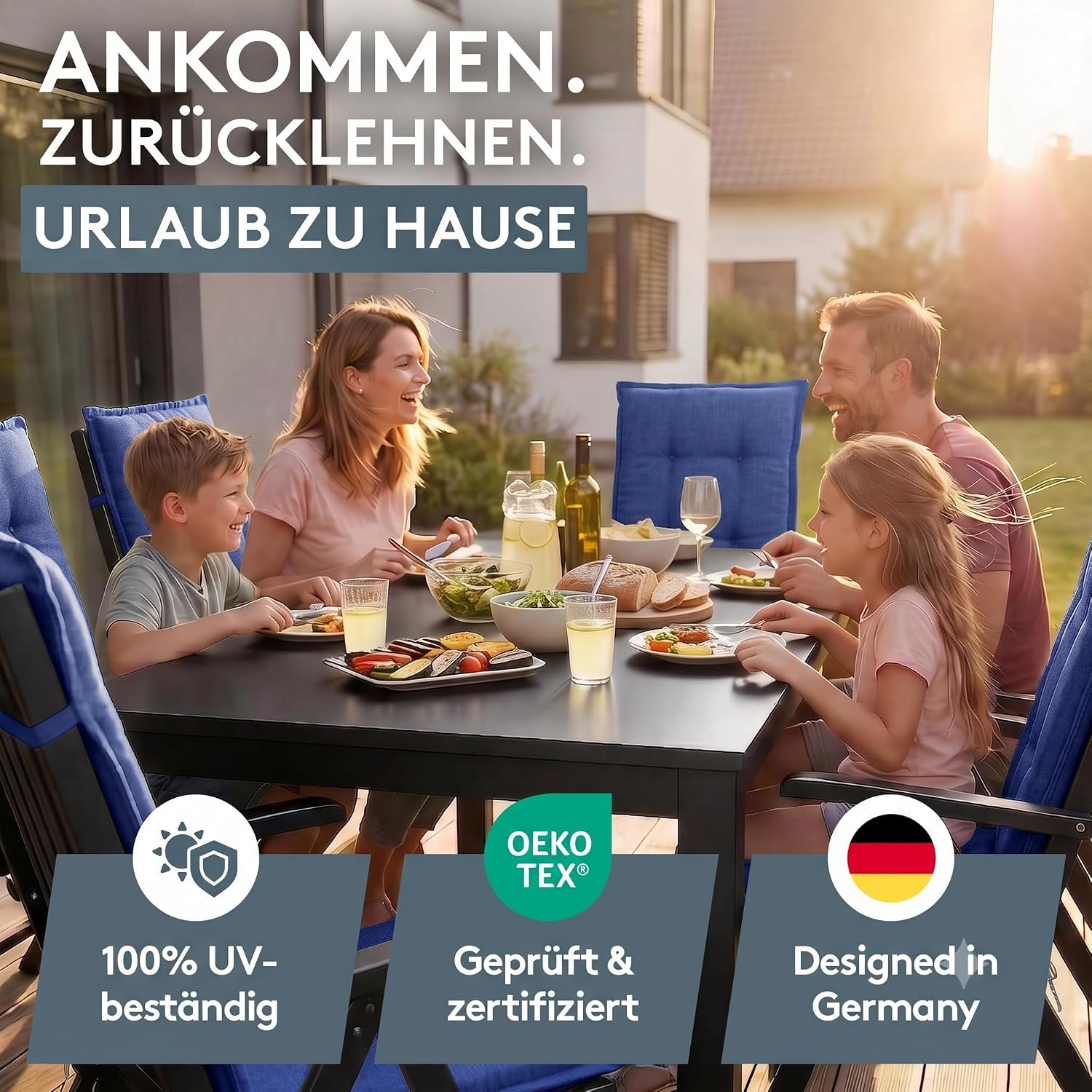 Detalle de LILENO HOME Gartenstuhl Auflagen 2er Set Hochlehner Blau Uni – Bequeme Sitzauflagen für Gartenmöbel