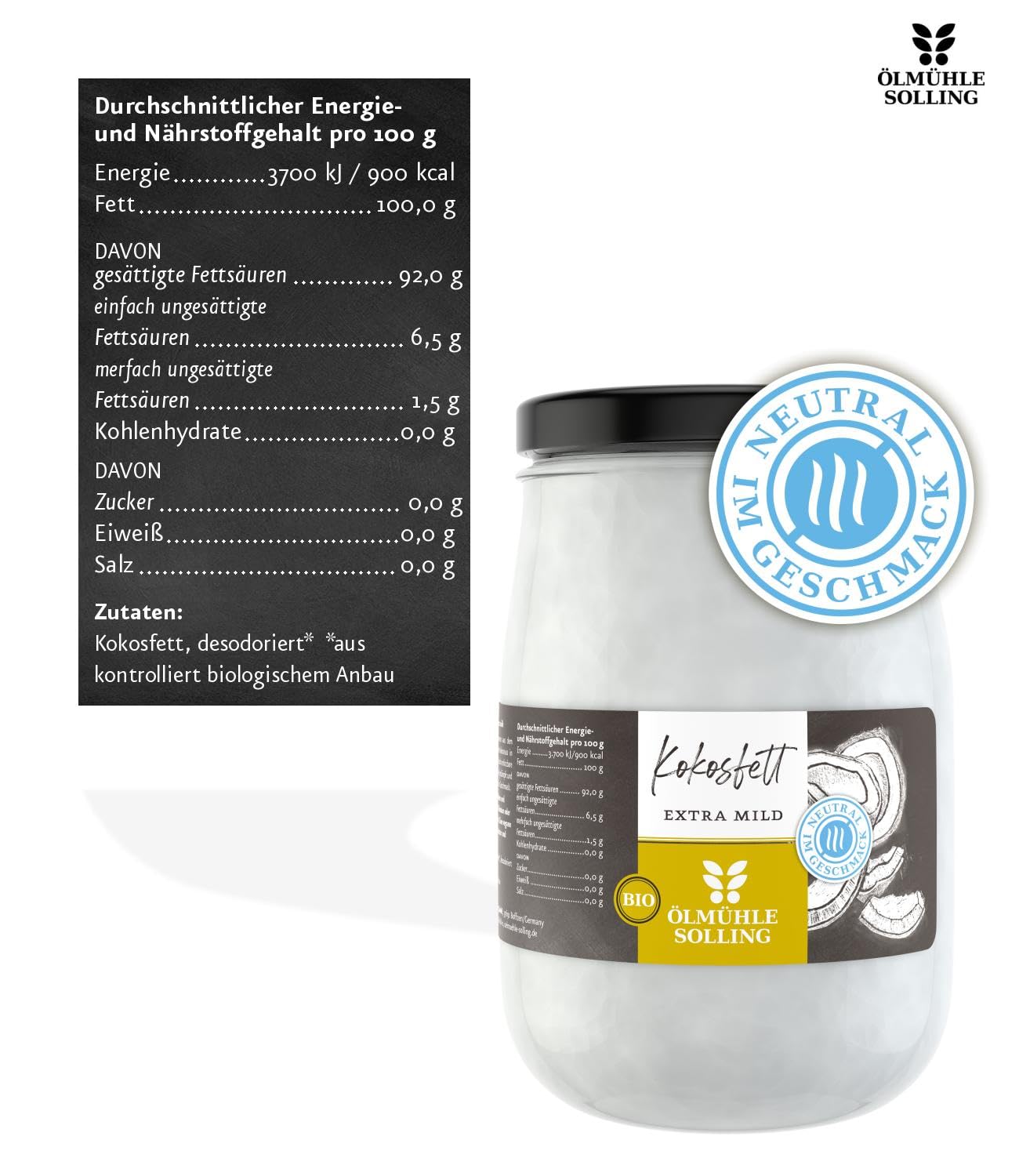 Detalle 2 de Ölmühle Solling Kokosfett desodoriert 1,0 l – Bio, Schraubglas