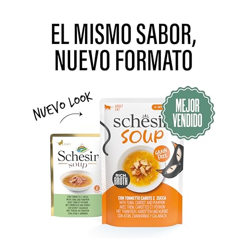 Detalle 2 de Schesir Sopa con Filetes de Atún con Zanahorias y Calabaza para Gatos (12 x 40 g) – Receta Original, 100% Natural