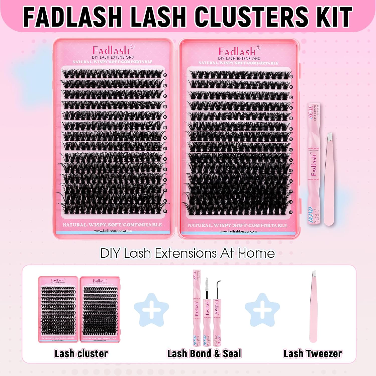 Thumbnail 1 de FADLASH 80D+100D Lash Clusters Kit, D Curl, 10–18mm, Bond and Seal