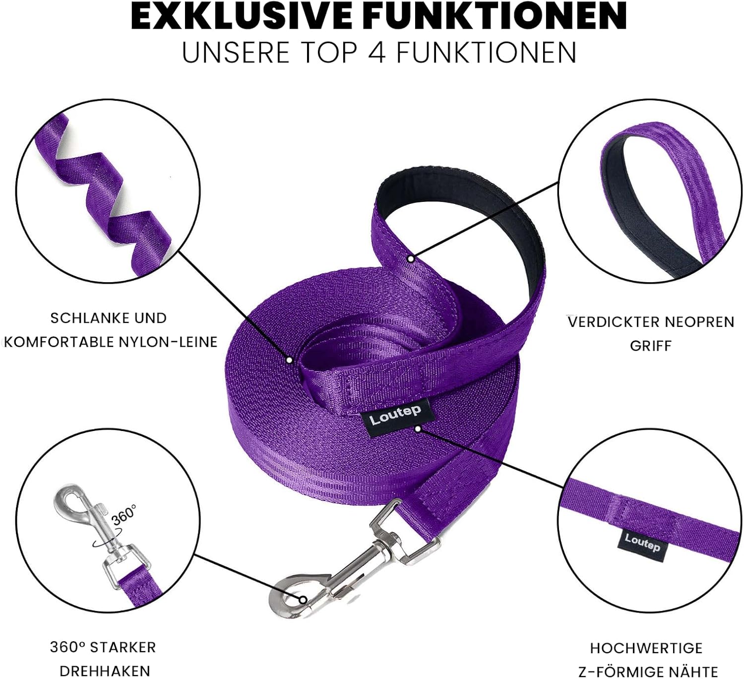 Thumbnail 3 de Loutep Schleppleine für Hunde (Violet, 20 m) – Wasserfest, mit gepolstertem Griff und drehbarem Haken