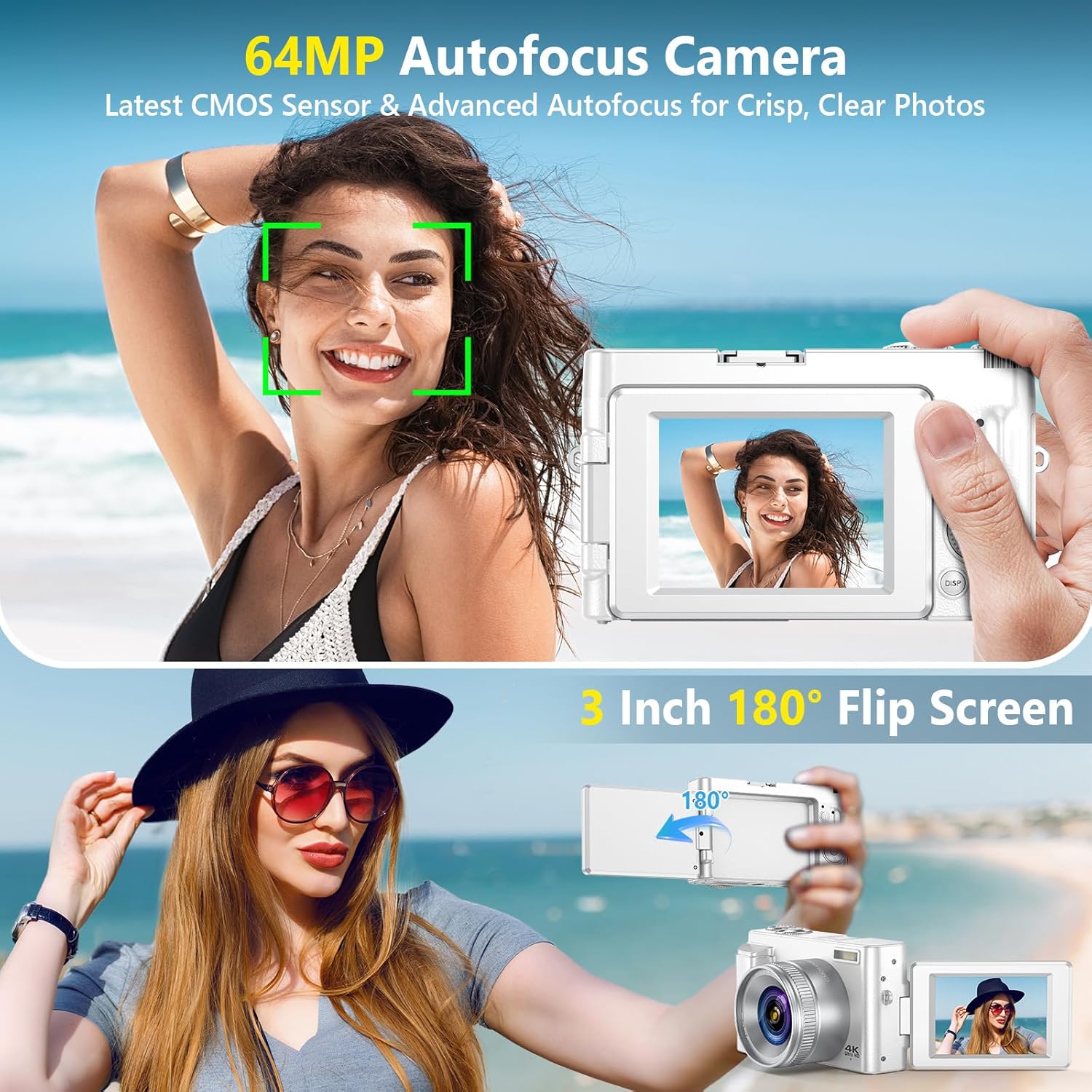 Thumbnail 2 de 4K Digital Camera for Photography with Autofocus, 64MP WiFi Vlogging Camera (3" 180° Flip Screen) + 2 Batteries, White