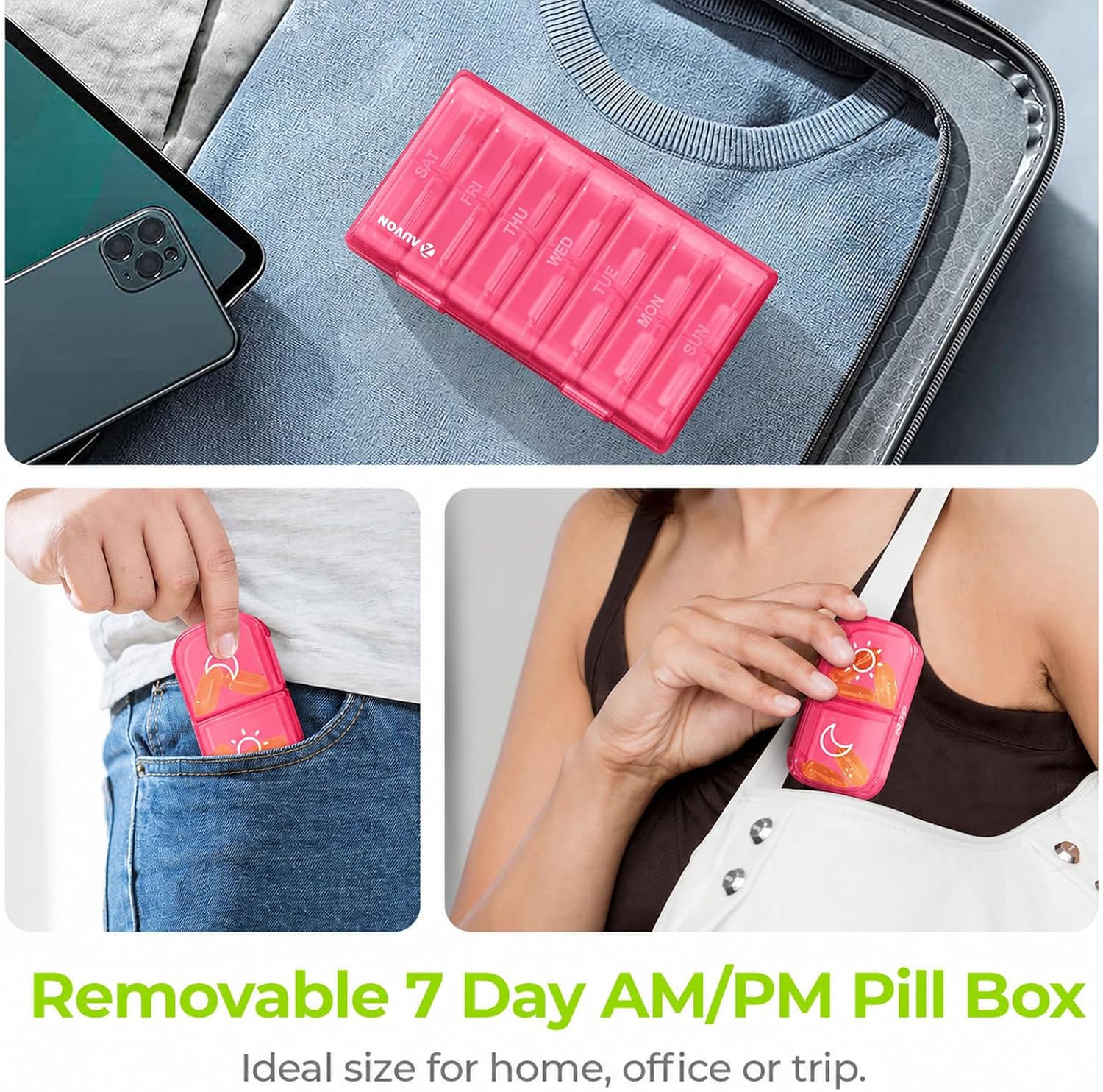 Thumbnail 5 de AUVON Weekly Pill Organizer, 7-Day AM/PM Case, Pink, Easy-Open Design