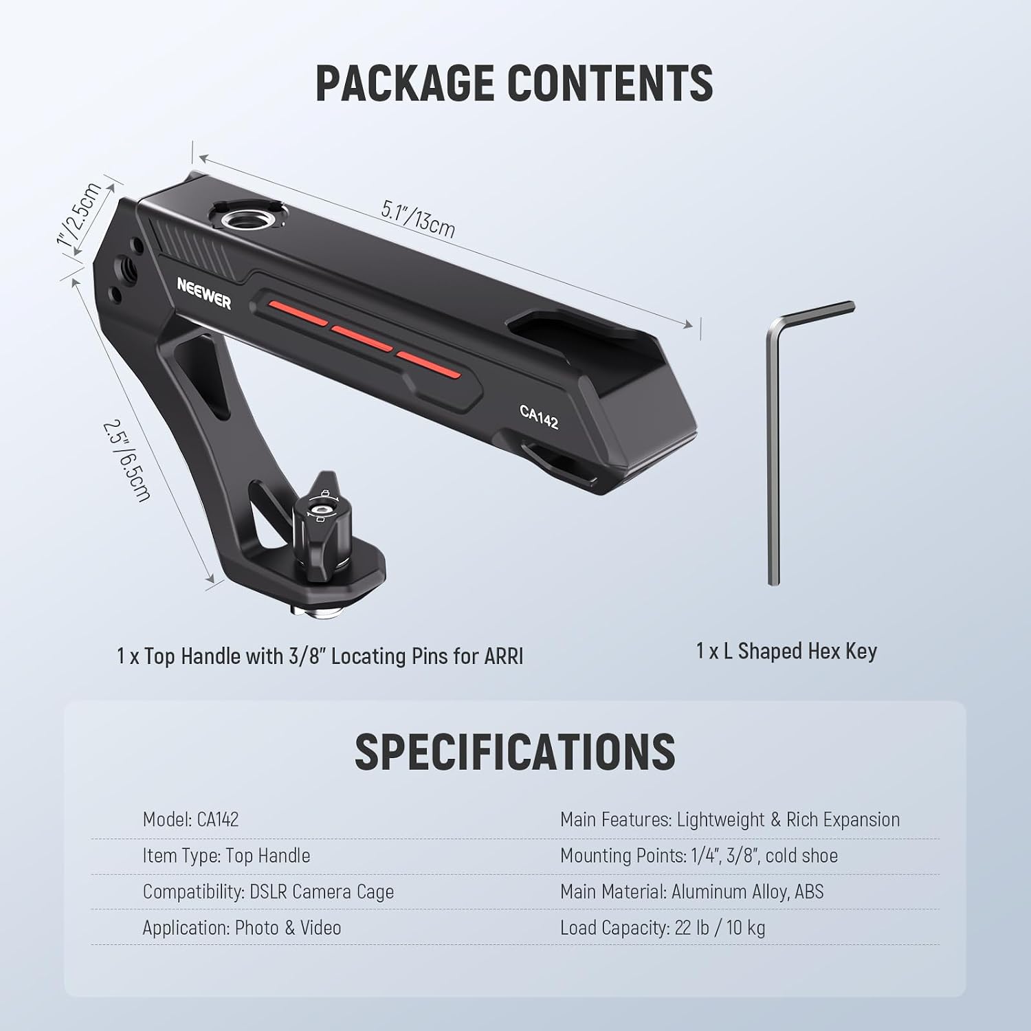 Detalle 2 de NEEWER BASIC leichter Kamera-Obergriff mit 3/8" ARRI-Pin, 1/4" & 3/8" Gewinden (CA142)
