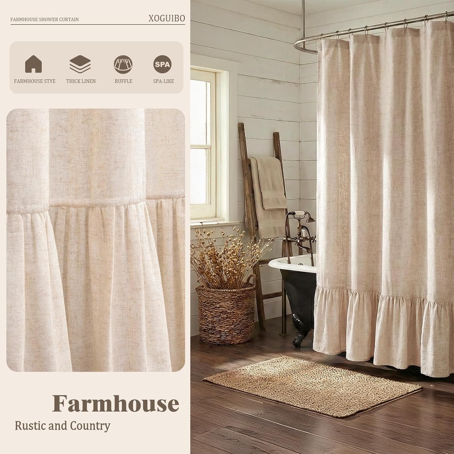 Detalle de XOGUIBO Farmhouse Shower Curtain with Ruffle Hem (Linen-Blend Look), 72 x 72