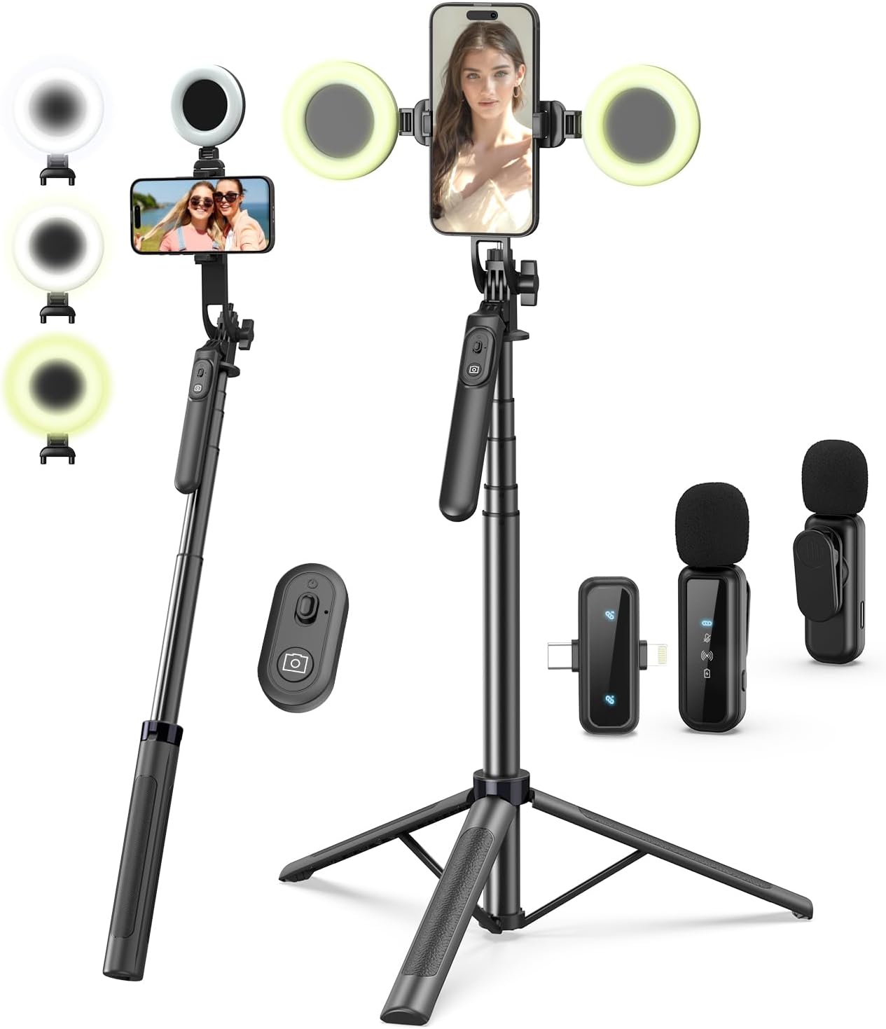 Detalle de Yeaki 71-Inch Vlogging Kit Tripod with Dual LED Lights, Wireless Mic & Remote