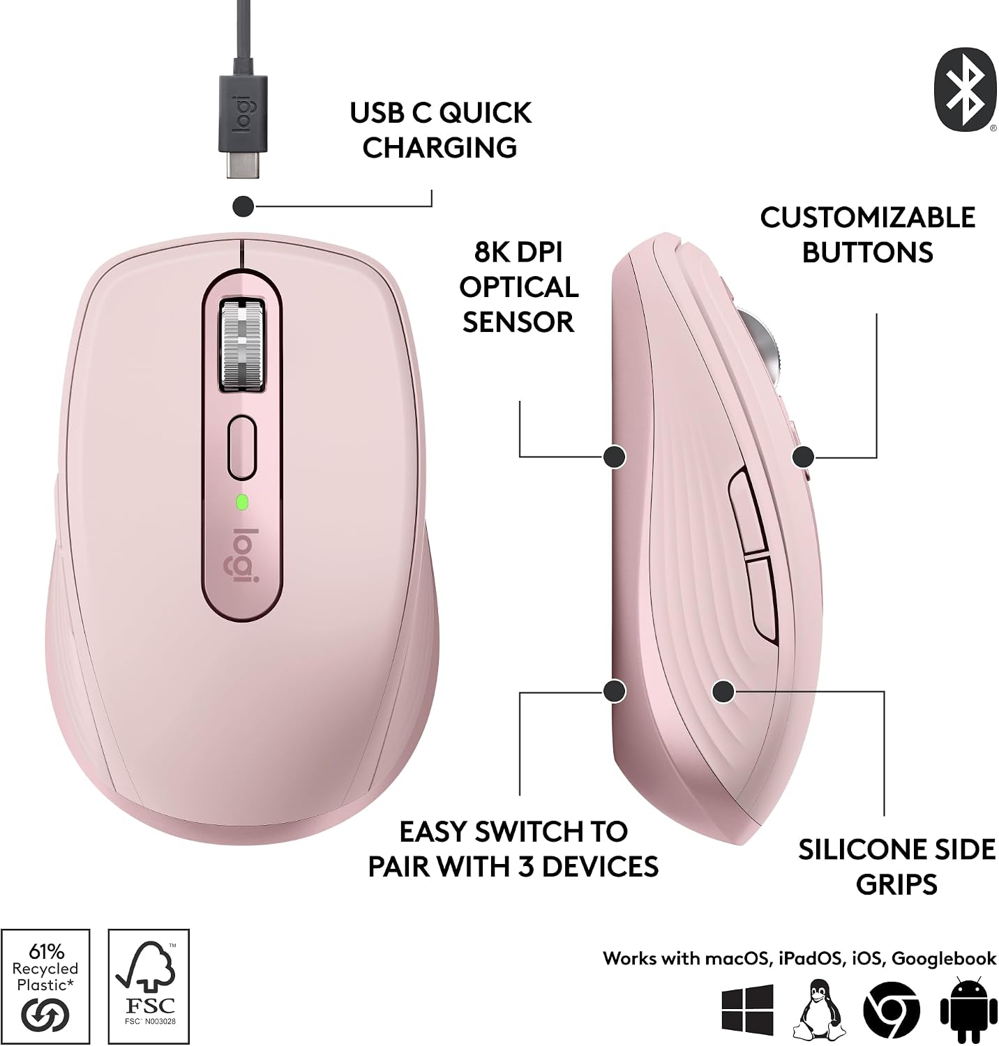Detalle 1 de Logitech MX Anywhere 3S Compact Wireless Mouse, Rose, 8K DPI, MagSpeed Scroll