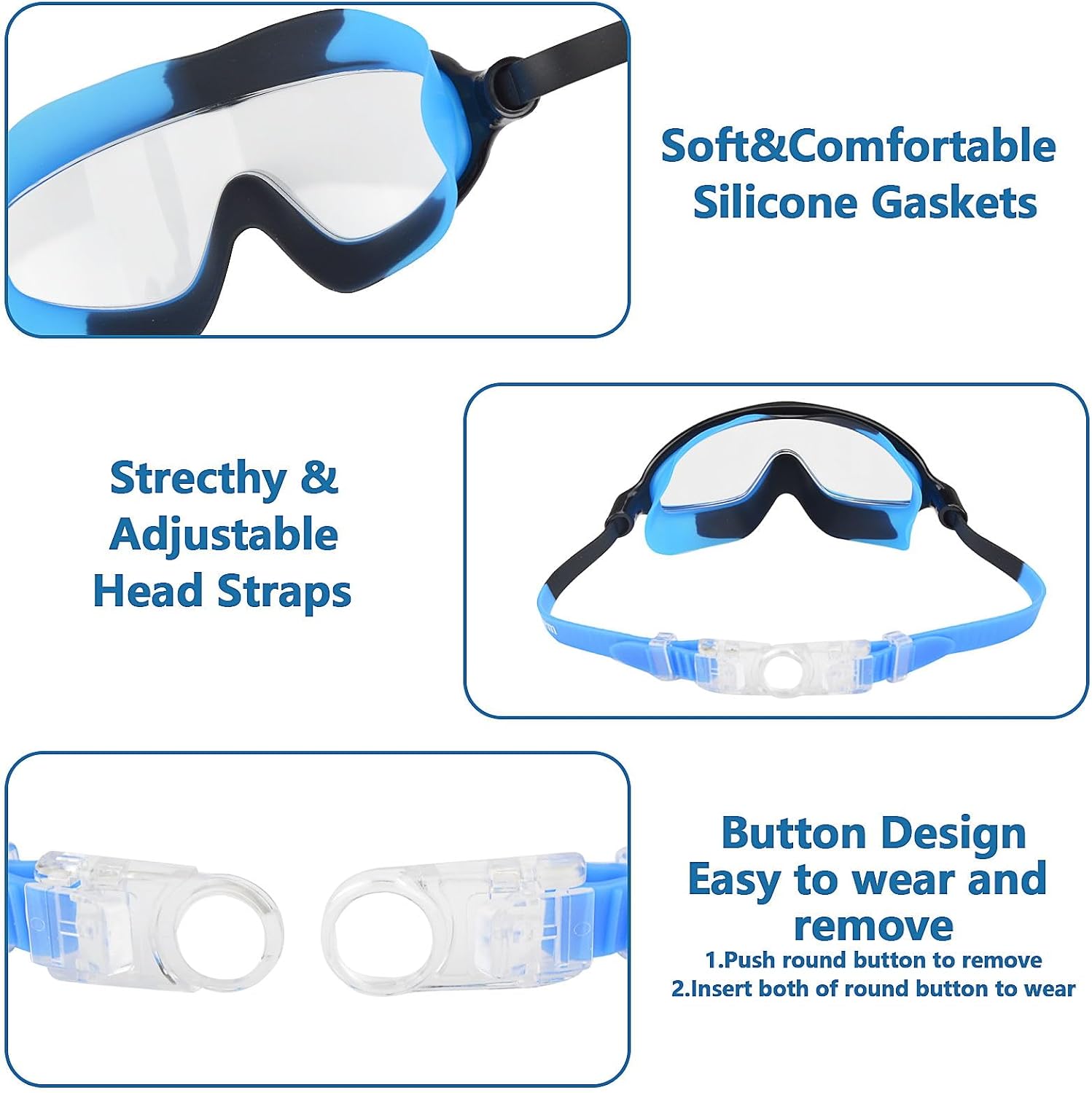 Detalle de Moseem Kids Swimming Goggles (2-Pack) for ages 3–15, anti-fog & anti-UV with clear wide vision