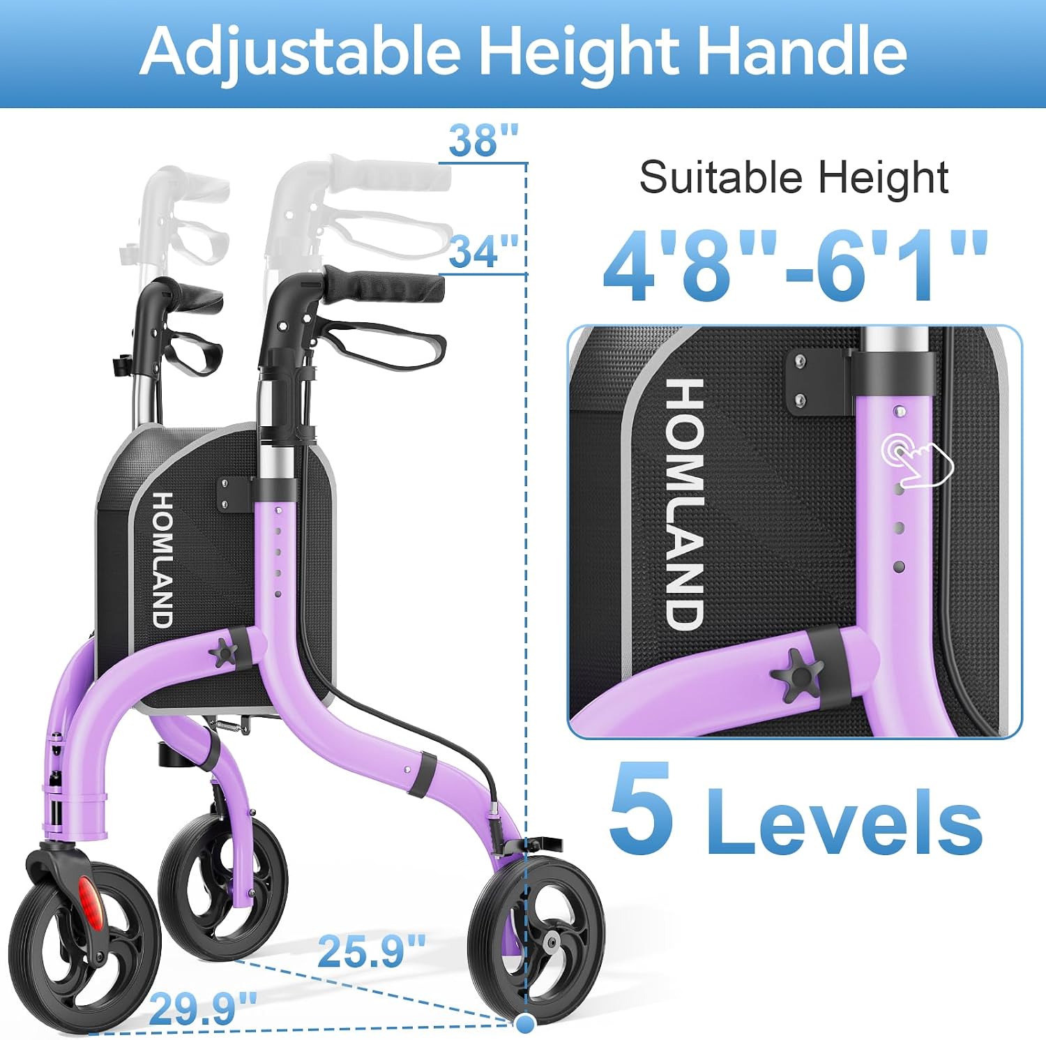 Detalle de HOMLAND Foldable 3 Wheel Walker for Seniors with Cane & Cup Holder — Lightweight 10.4 lbs, Lavender