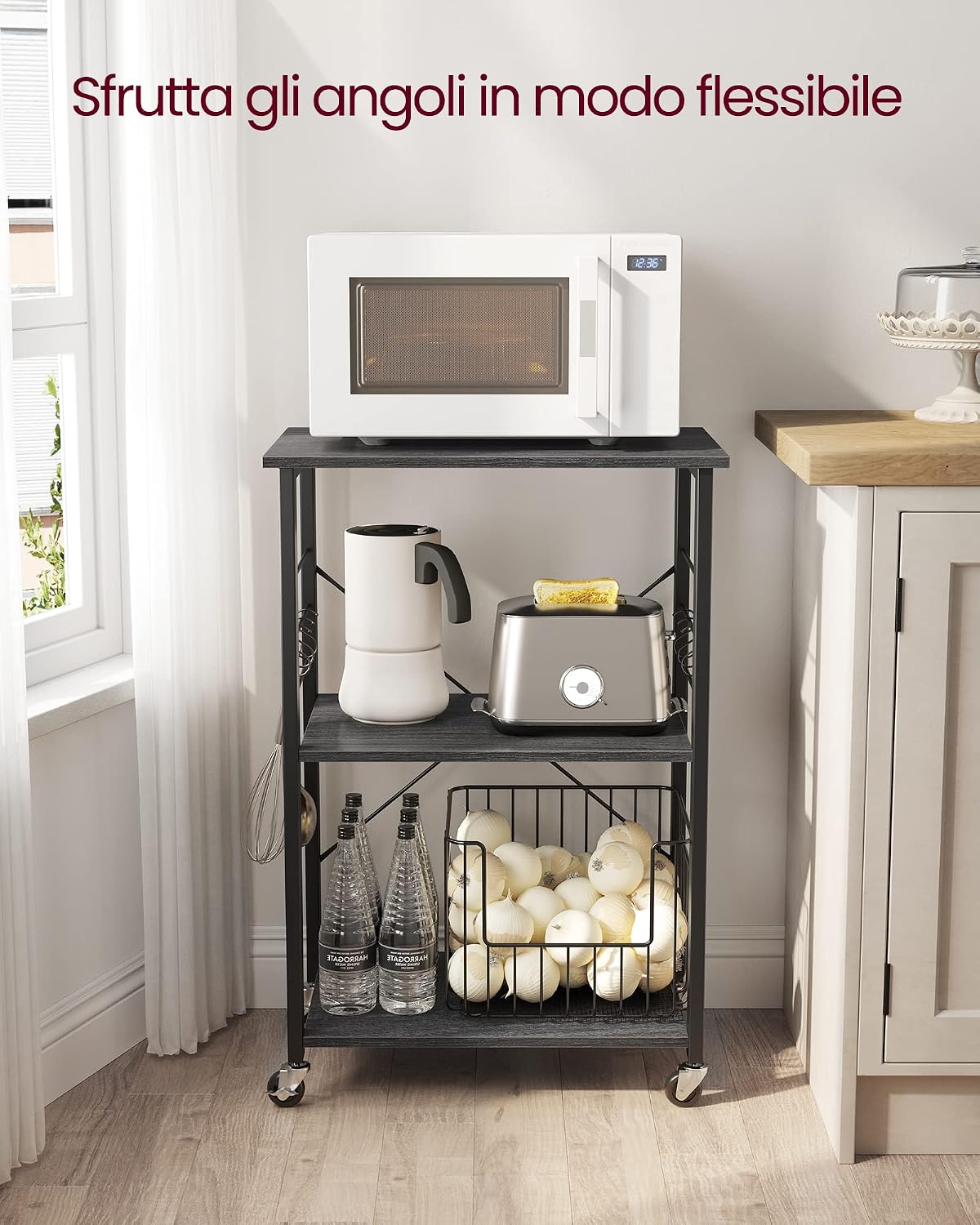 Detalle de VASAGLE Carrello da cucina su ruote con 3 ripiani e 6 ganci KKS060B42, 40 x 60 x 89 cm (nero)