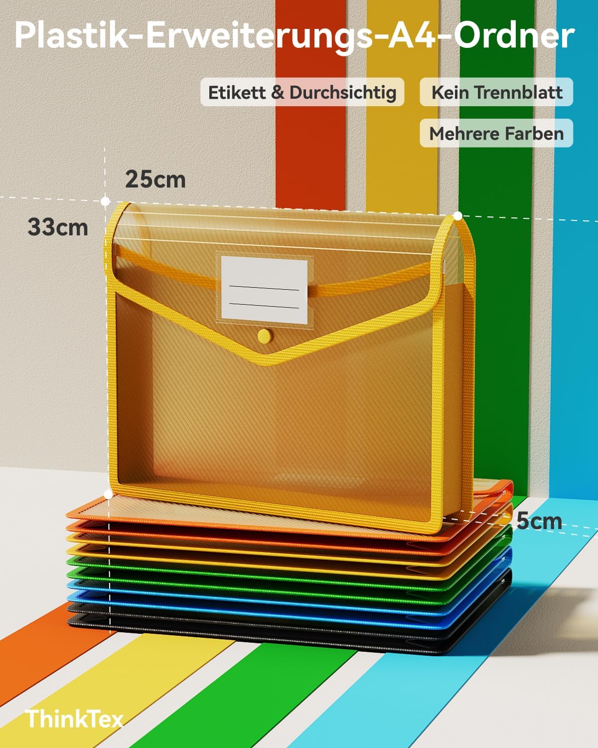 Detalle de ThinkTex Dokumententasche A4 transparent mit Druckknopf, abheftbar – 10er-Pack für Schule, Büro & Reise