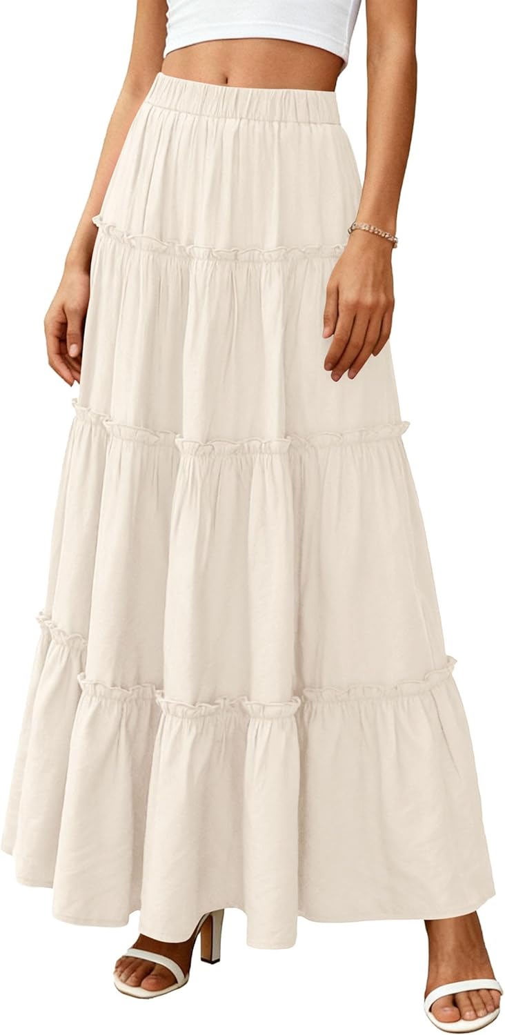 Thumbnail 6 de PRETTYGARDEN Boho Tiered Maxi Skirt for Women with Elastic Waistband & Side Pockets
