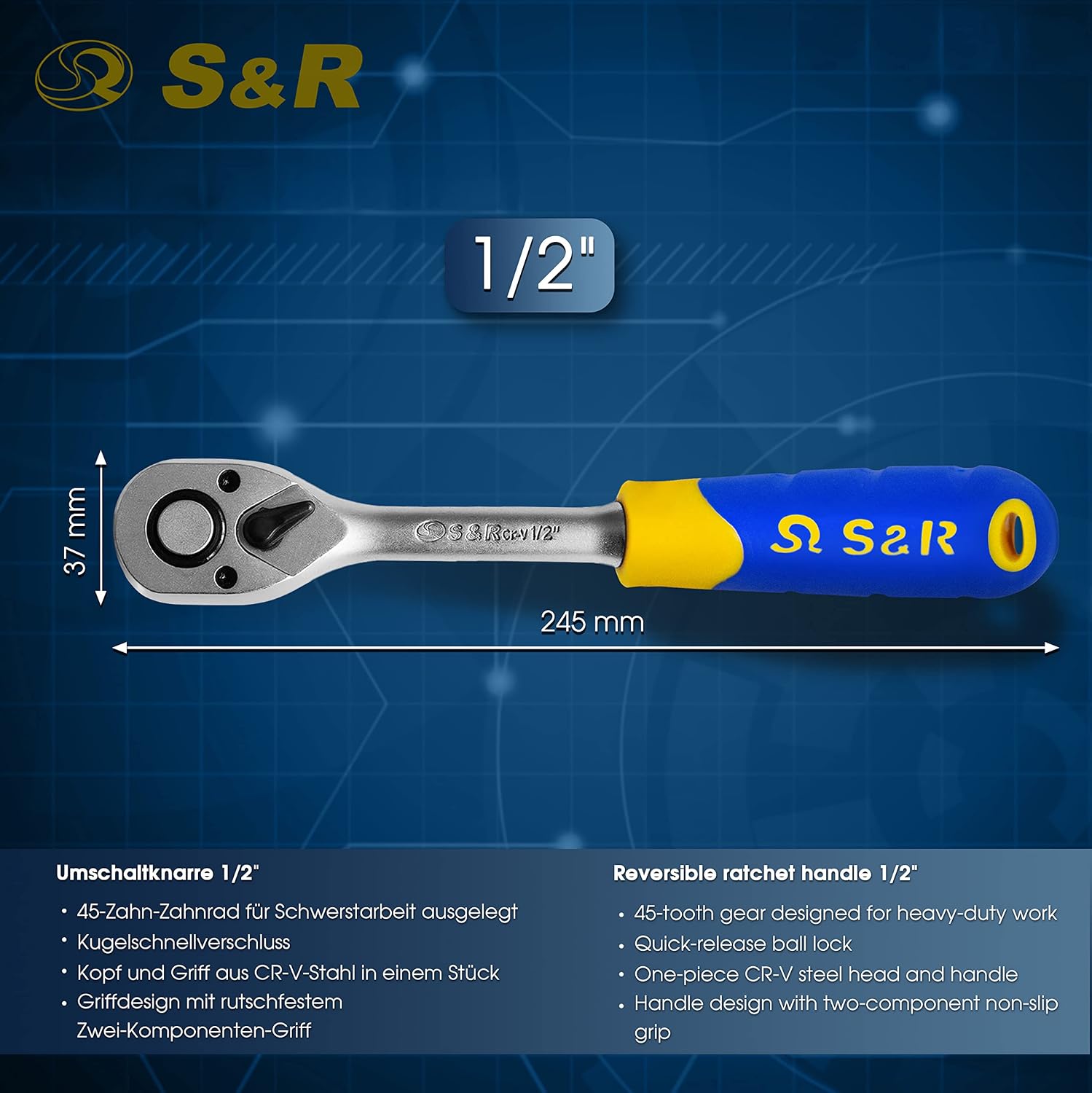 Detalle de S&R Cricchetto Reversibile Professionale 1/2" in Acciaio al Cromo Vanadio, 25 cm, 45 Denti