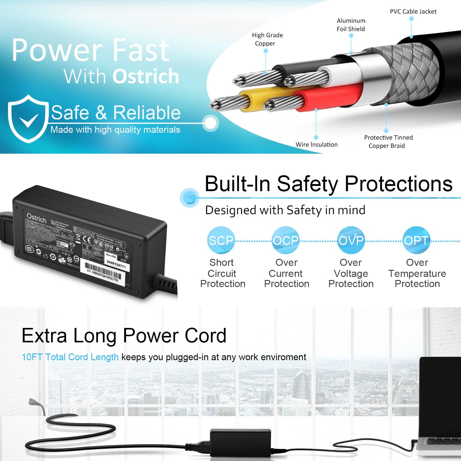 Detalle 1 de Ostrich PPP009L-E HP Laptop Charger, 65W/45W Smart Blue Tip