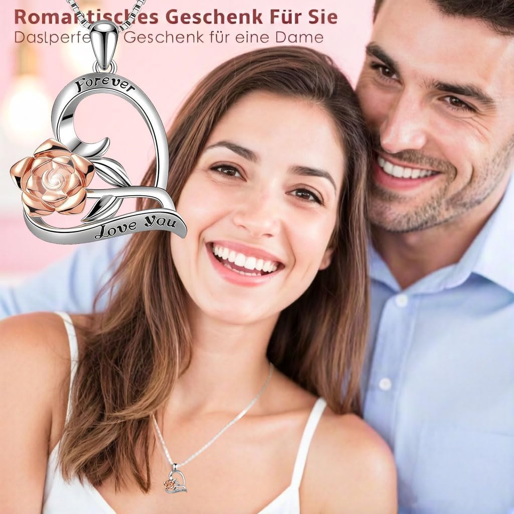 Thumbnail 6 de SWEETIME 925 Sterling Silber Halskette Damen mit Rosenherz-Anhänger – Forever & Love You Gravur, 45 cm