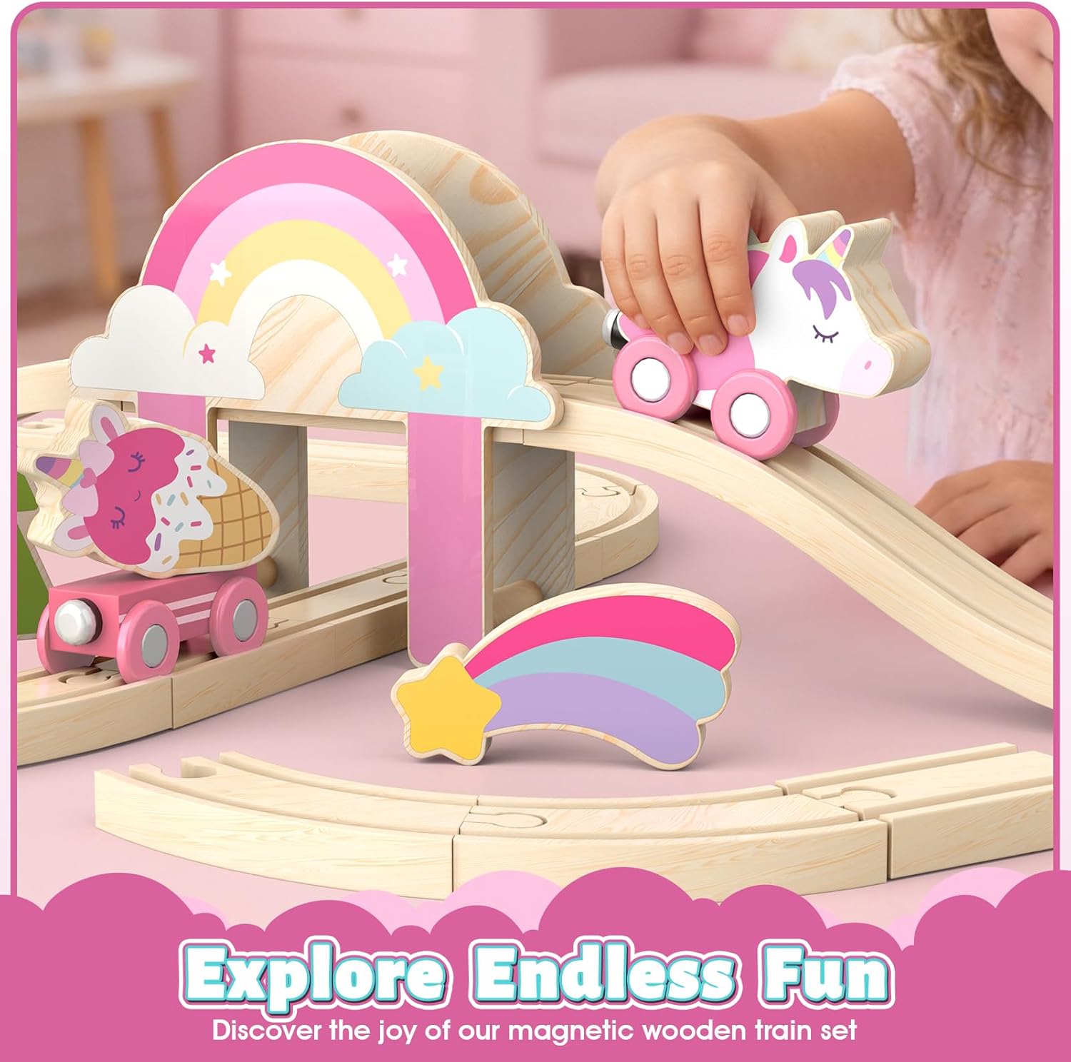 Detalle 2 de Lehoo Castle Unicorn Wooden Train Set for Ages 3–6 🚂