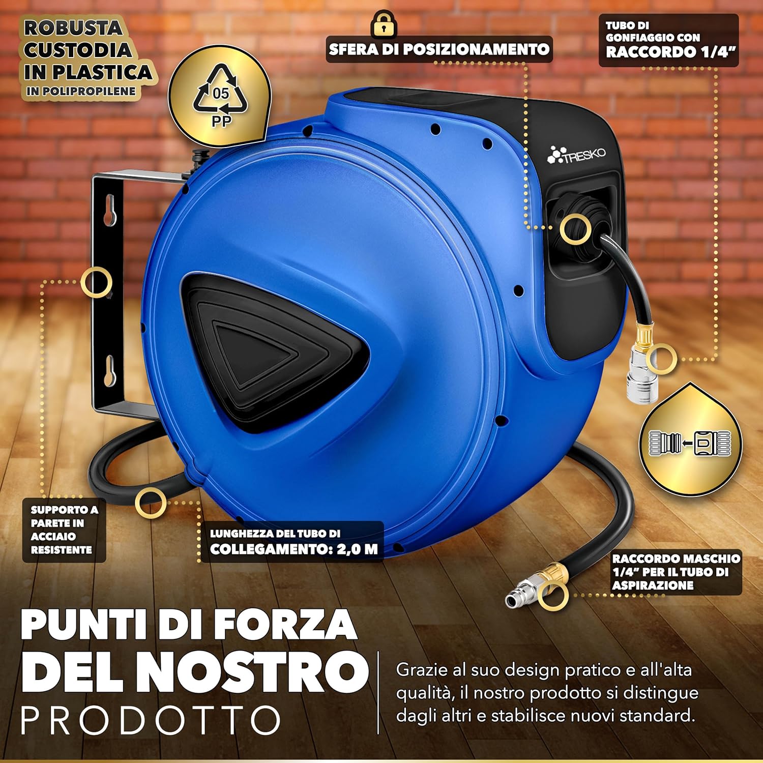 Thumbnail 6 de TRESKO Avvolgitubo Aria Compressa 30 m con Tubo – Avvolgitubo Pneumatico 1/4", Riavvolgitore Automatico, Blu