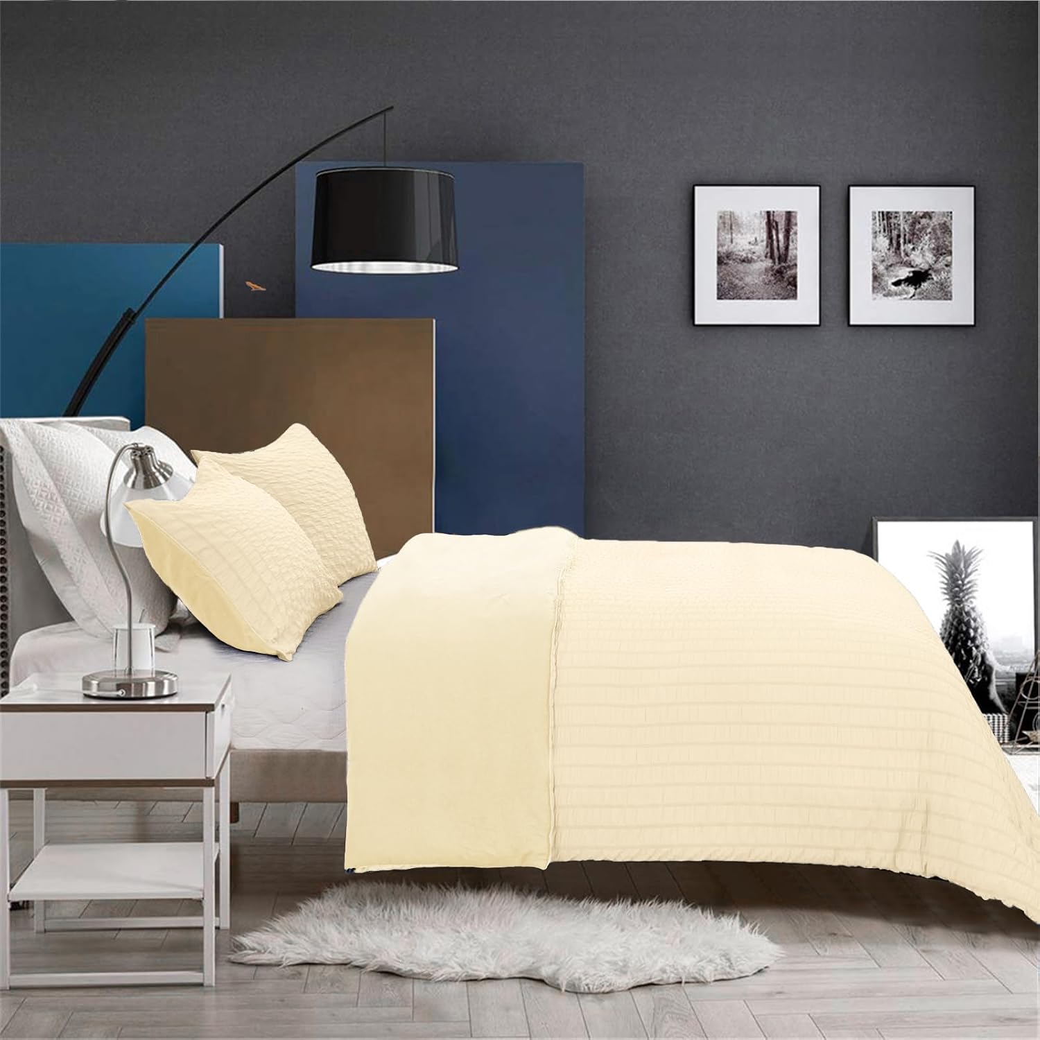 Thumbnail 2 de WONGS BEDDING Cream Yellow Seersucker Bedding Set (King) – Seersucker Duvet Cover with Zipper Closure