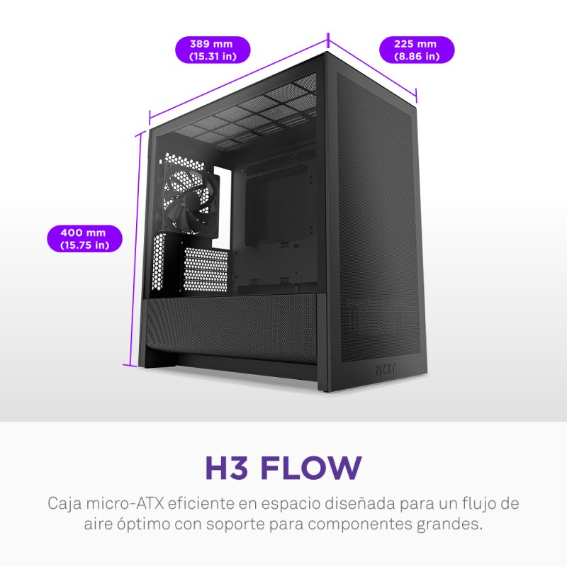 Thumbnail 3 de NZXT H3 Flow Negro — Torre Micro ATX con vidrio templado 🖥