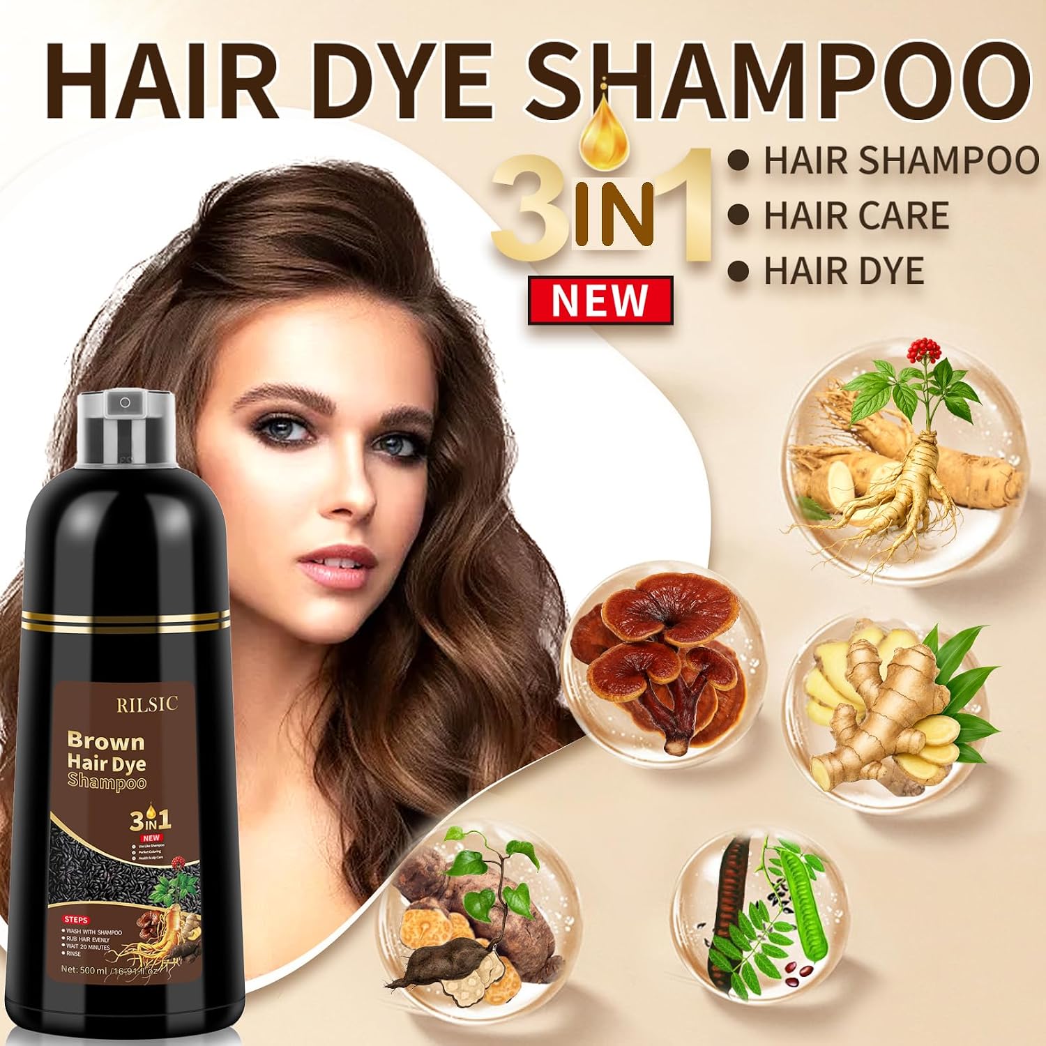 Thumbnail 1 de 500ML Shampoo Colorante 3-in-1: Hair Dye Shampoo Copre i Capelli Bianchi in un Solo Step