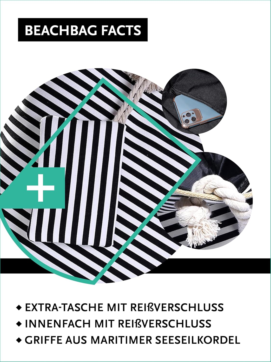 Detalle de DonDon Strandtasche XXL mit Reißverschluss – große Beach- & Badetasche für Strand und Meer