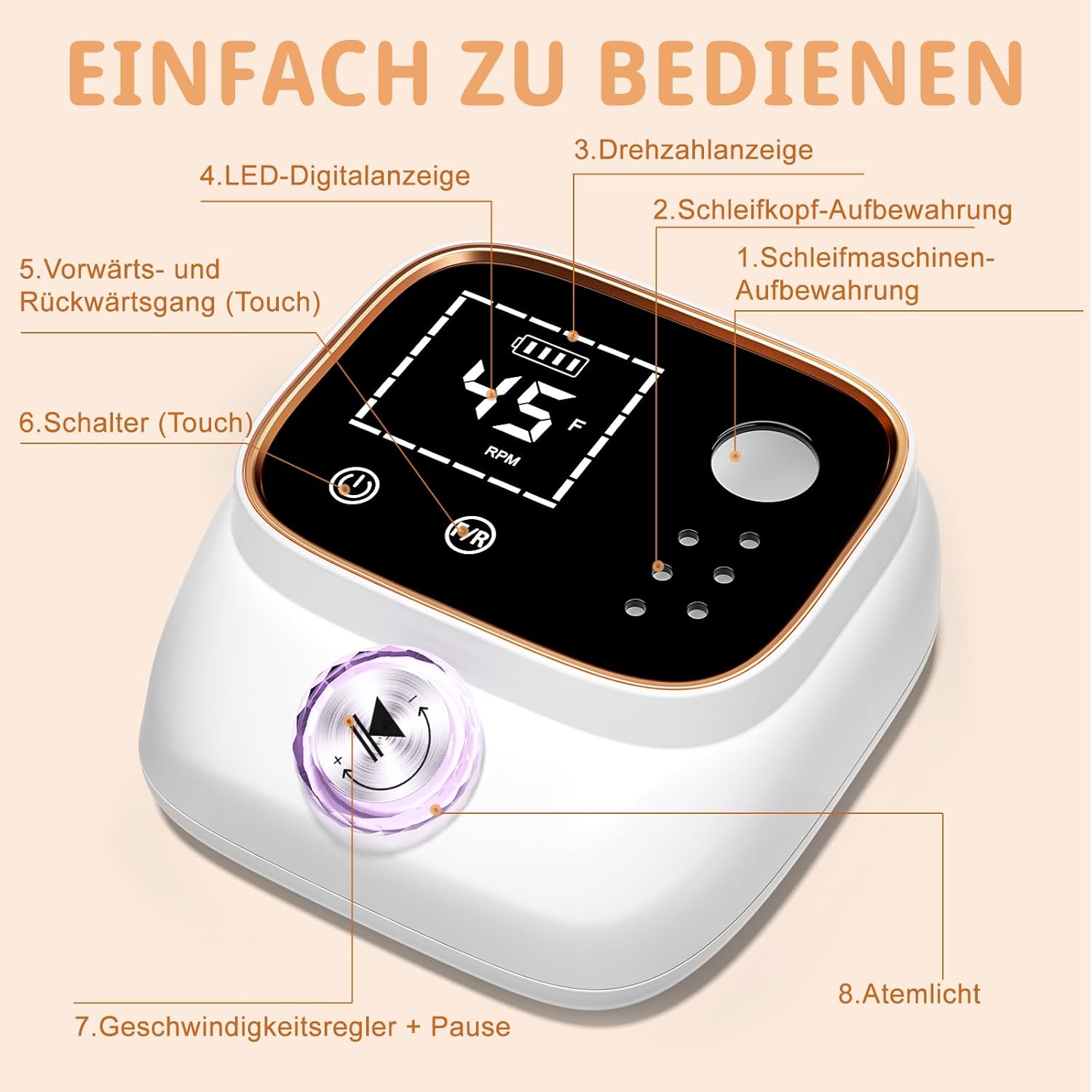 Detalle de Professionelle elektrische Nagelfeile mit LCD-Display (45.000 U/min) & Bit-Lock-Design – Set für Gel- und Acrylnägel