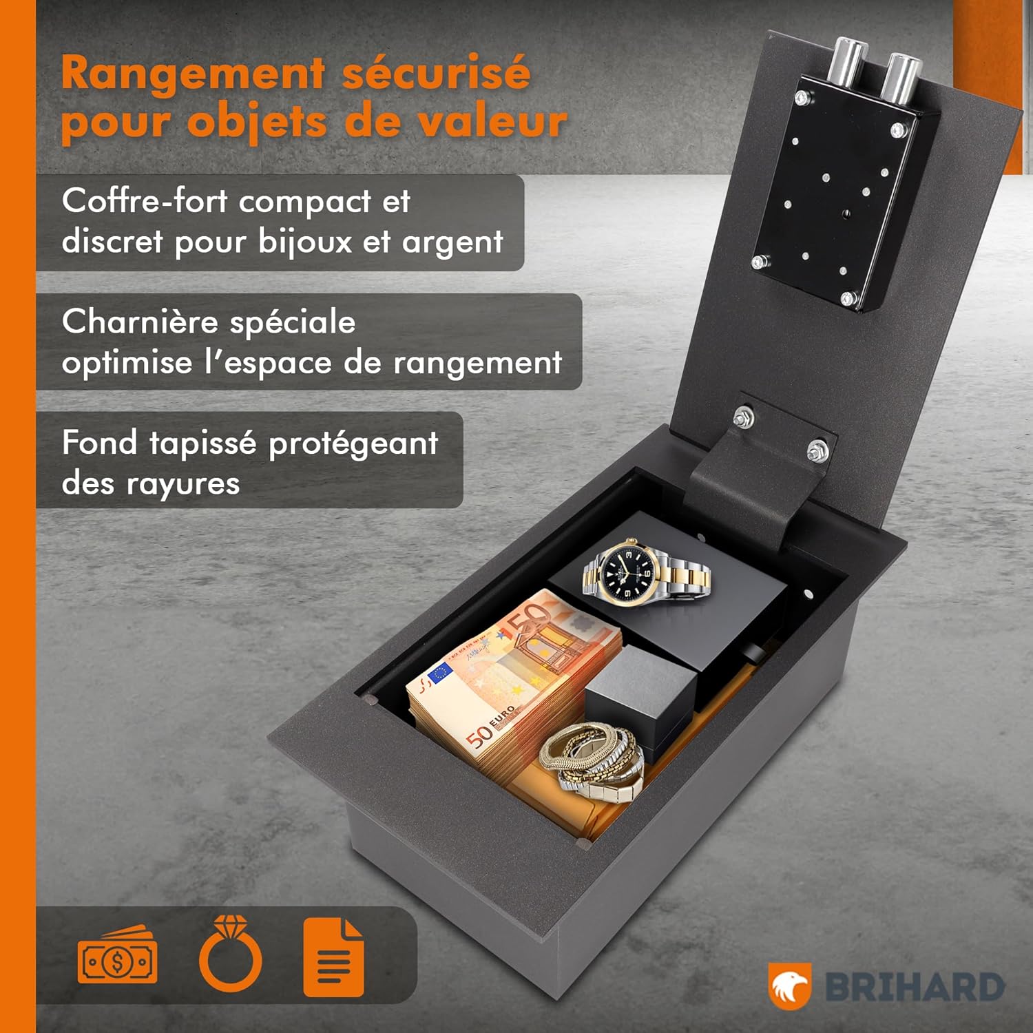 Detalle de Brihard Coffre-Fort de Sol 4L: coffre discret en acier encastrable avec serrure à clé