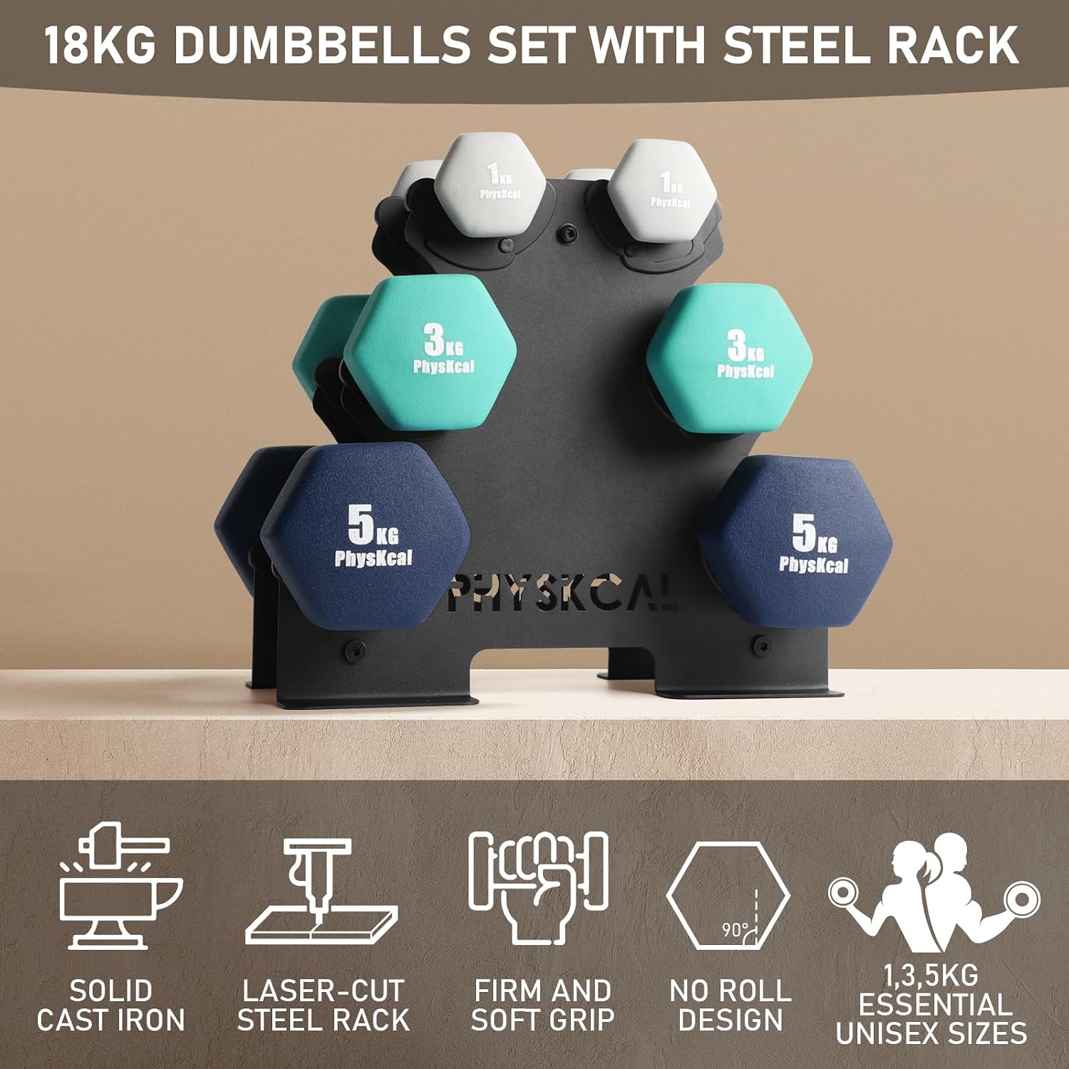 Detalle de PhysKcal Kurzhantel-Set (18 kg) mit Aufbewahrungsständer für Heimtraining
