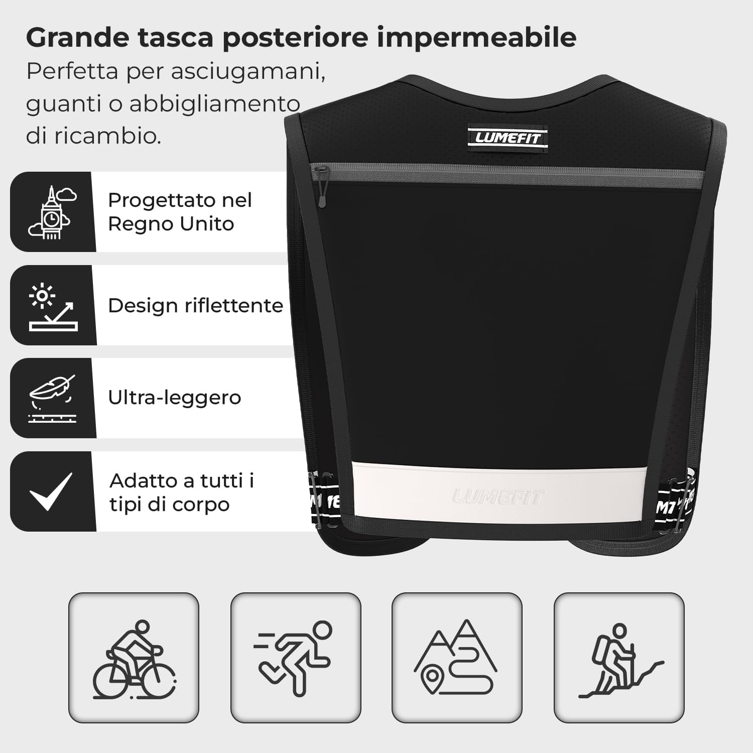 Detalle de Lumefit Gilet Running Riflettente con Bottiglia 500 ml — Versatilità e sicurezza per corsa, ciclismo e trekking